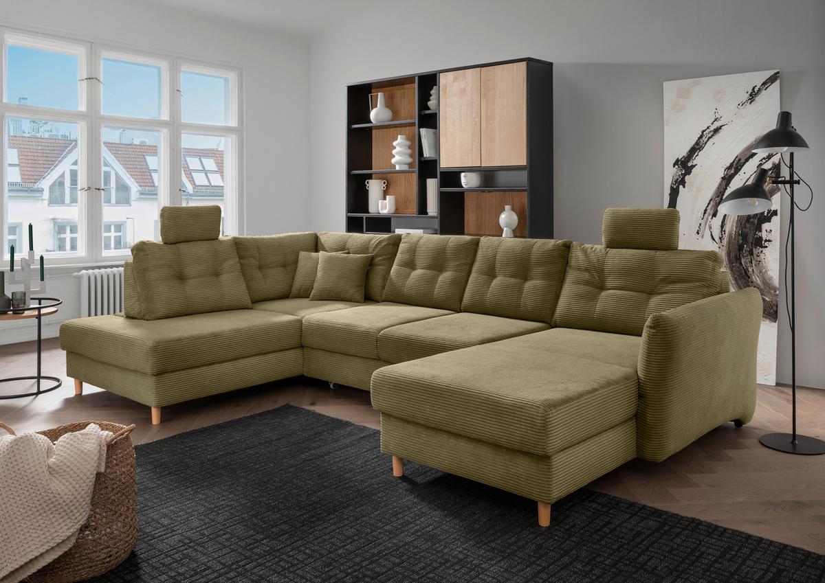 Wohnlandschaft Brizzini mit Schlaffunktion, Olivgrün - Naturfarben/Olivgrün, MODERN, Textil (206/338-352/176cm) - Livetastic