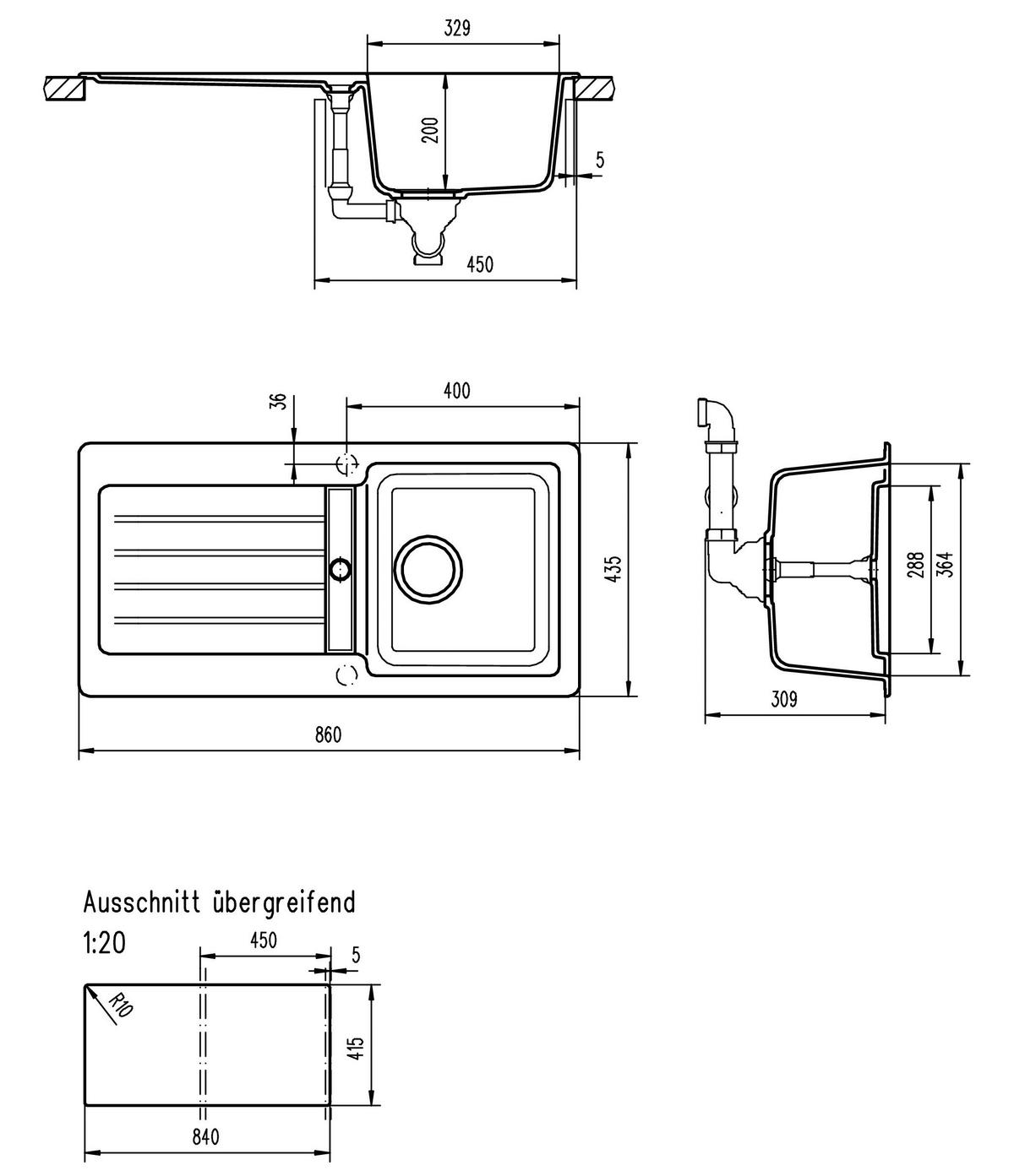 Spüle Atlanta Schwarz 86x20,5 cm - Schwarz, Basics, Stein (86/20,5/43,5cm) - Respekta