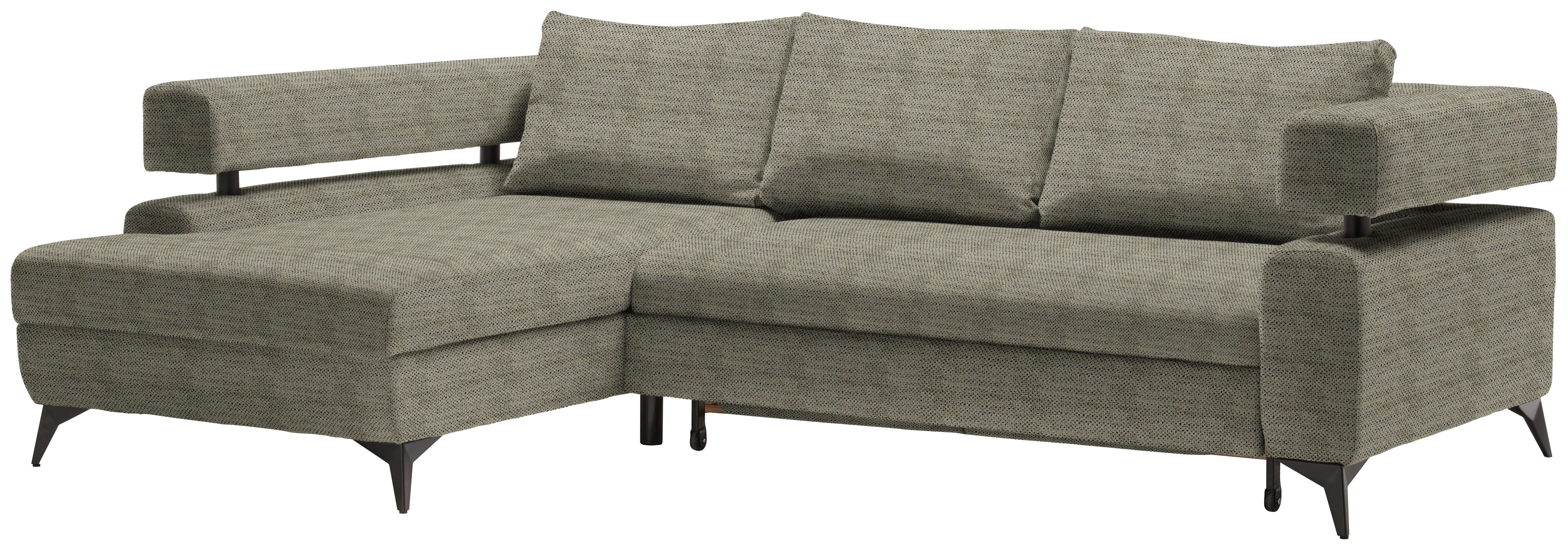 Rohová sedačka ROSALIE, levá s úložným prostorem a lůžkem - černá/olivově zelená, Konvenční, kov/textil (184/265cm)