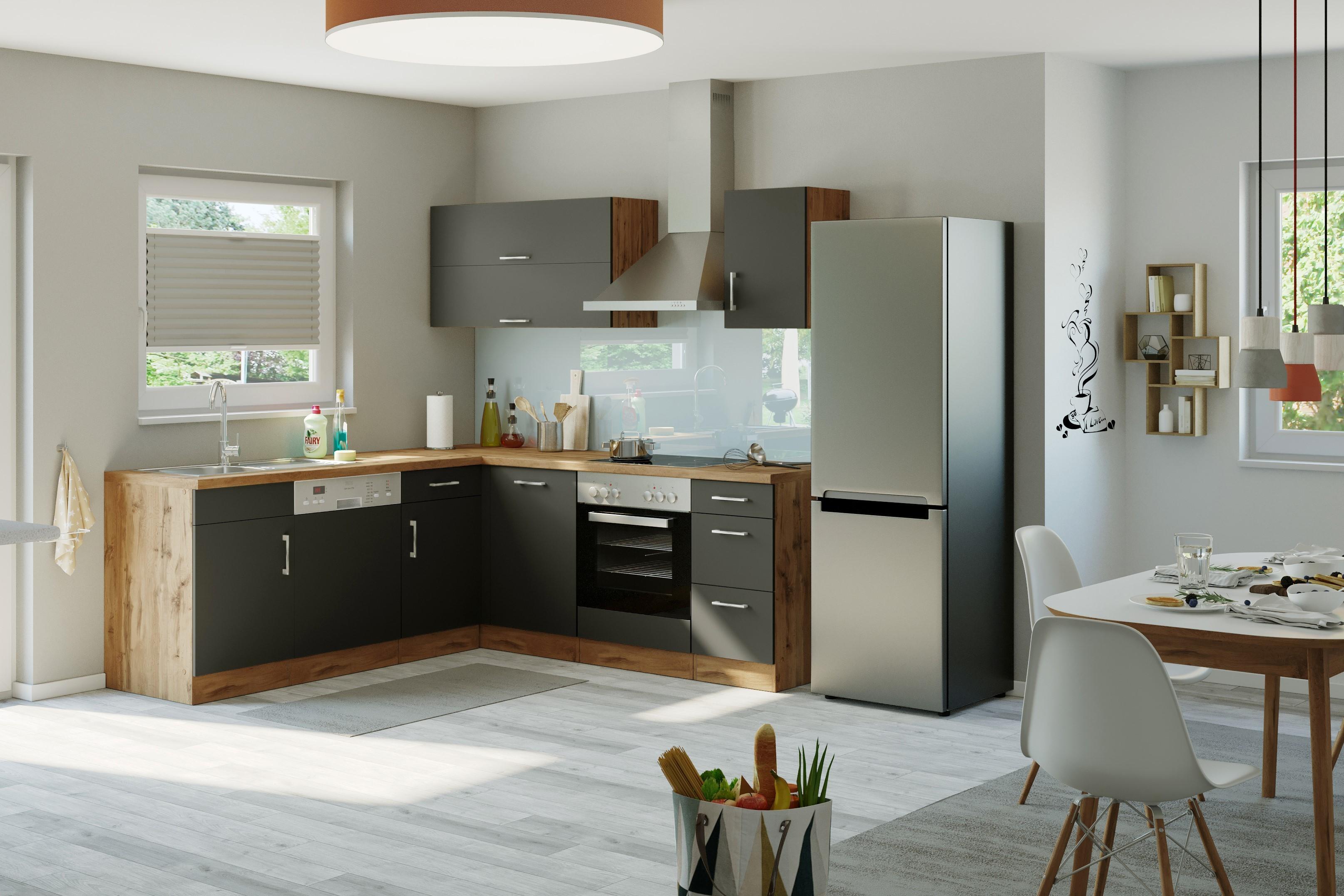 Eckküche in Anhrazit und eichefarben mit Spüle und Geräten