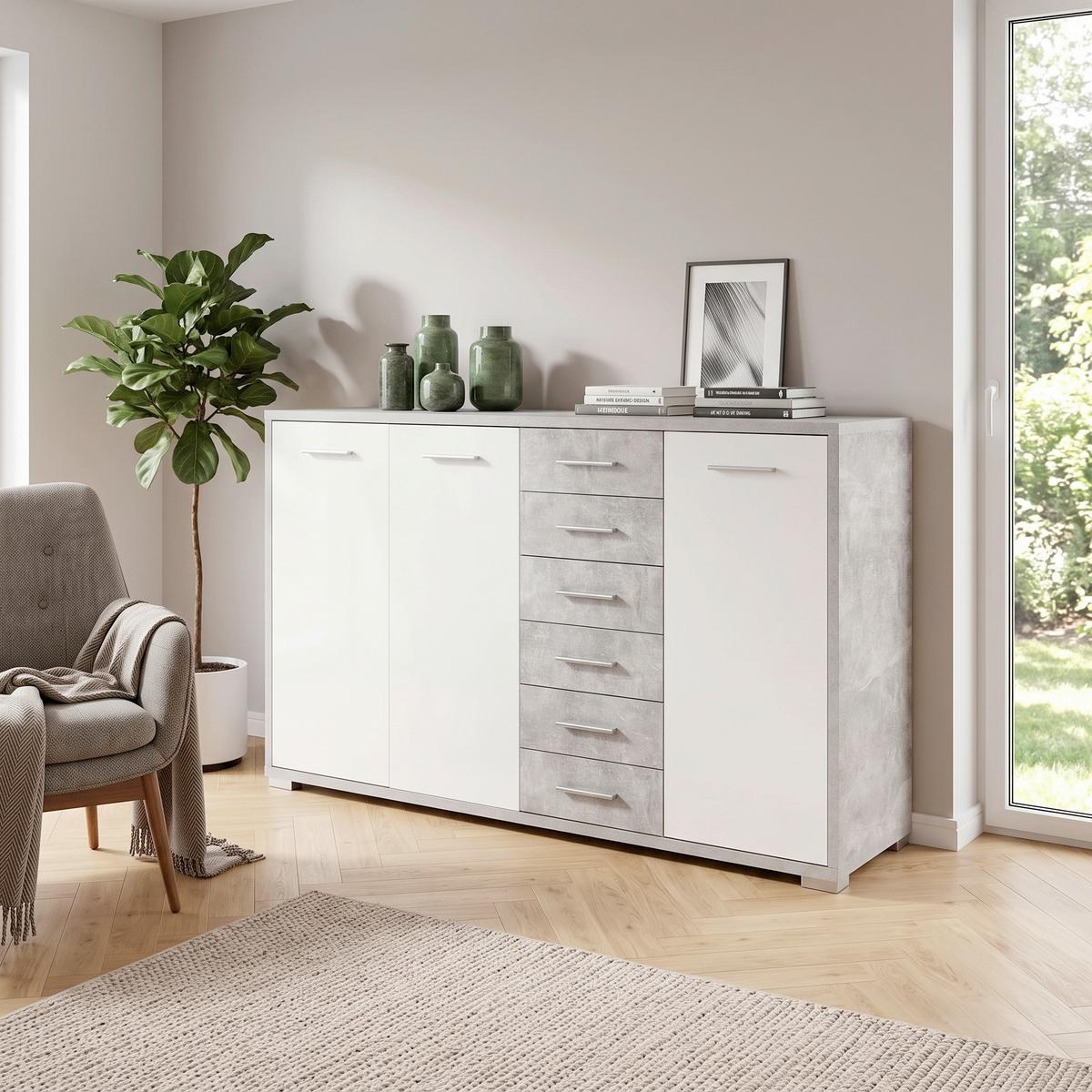 Kommode B 190 cm Q-BIG New, Beton Optik/Weiß - Weiß/Grau, MODERN, Holz (190/105/44cm)