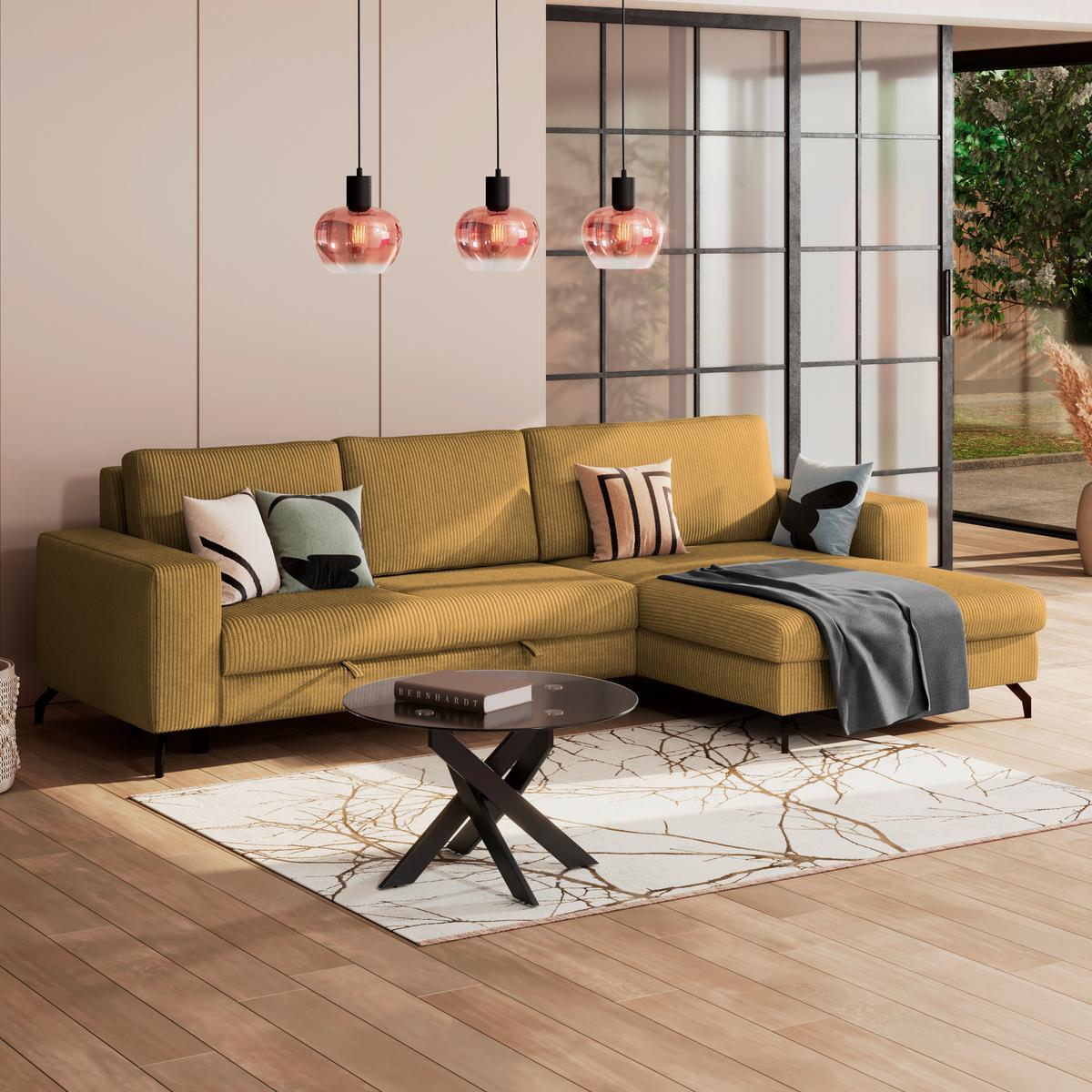 Ecksofa mit Schlaffunktion & Bettkasten Cloud Senfgelb Cord - Senfgelb, Trend, Textil (290/178cm)