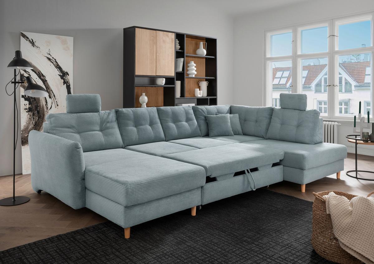 Wohnlandschaft mit Schlaffunktion, Hellblau - Naturfarben/Hellblau, MODERN, Textil (176/338-352/206cm) - Livetastic