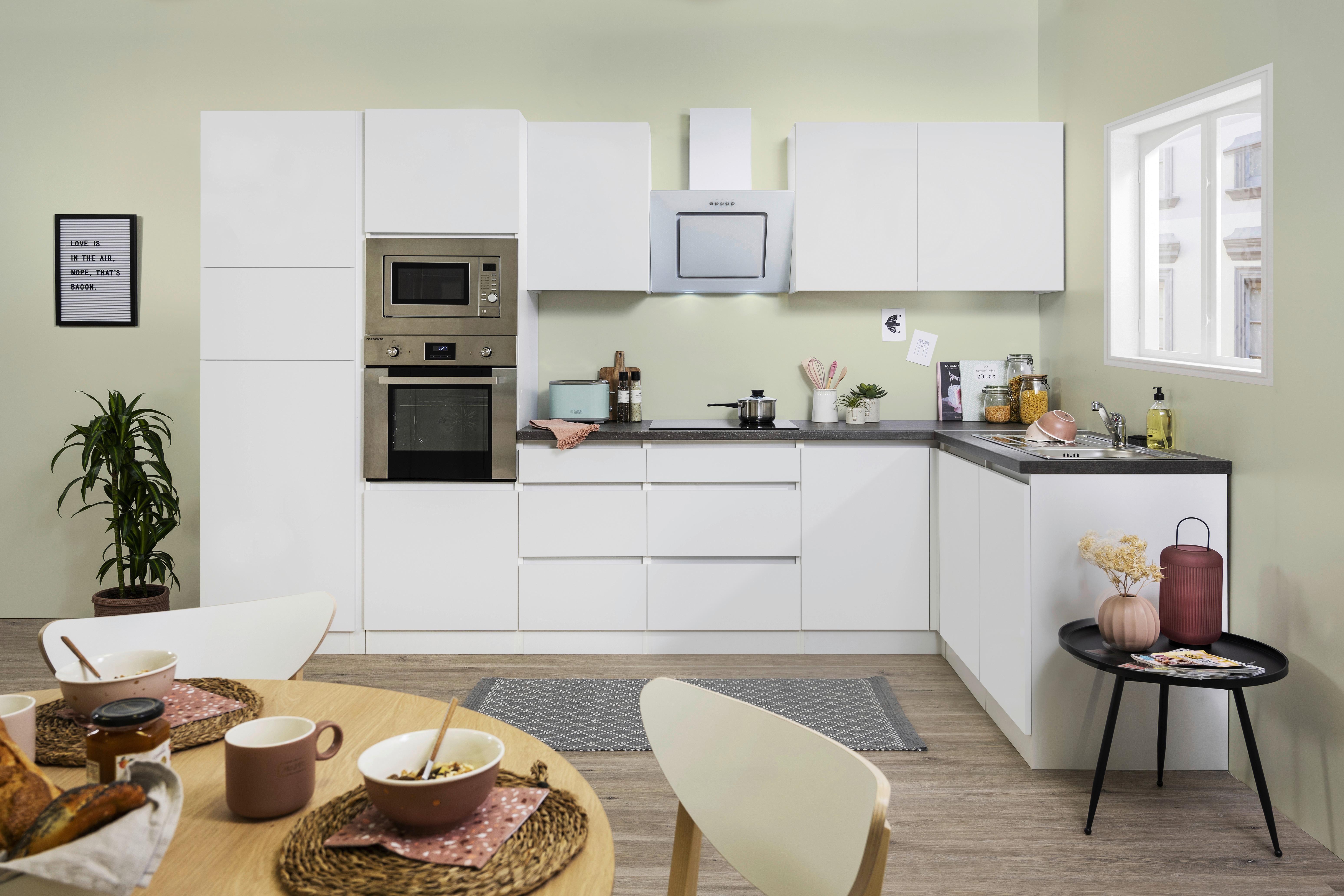 Küchenzeile Premium mit Geräten 345 cm Weiß Hochglanz - Weiß/Grau, MODERN, Holzwerkstoff (345/172cm) - Respekta