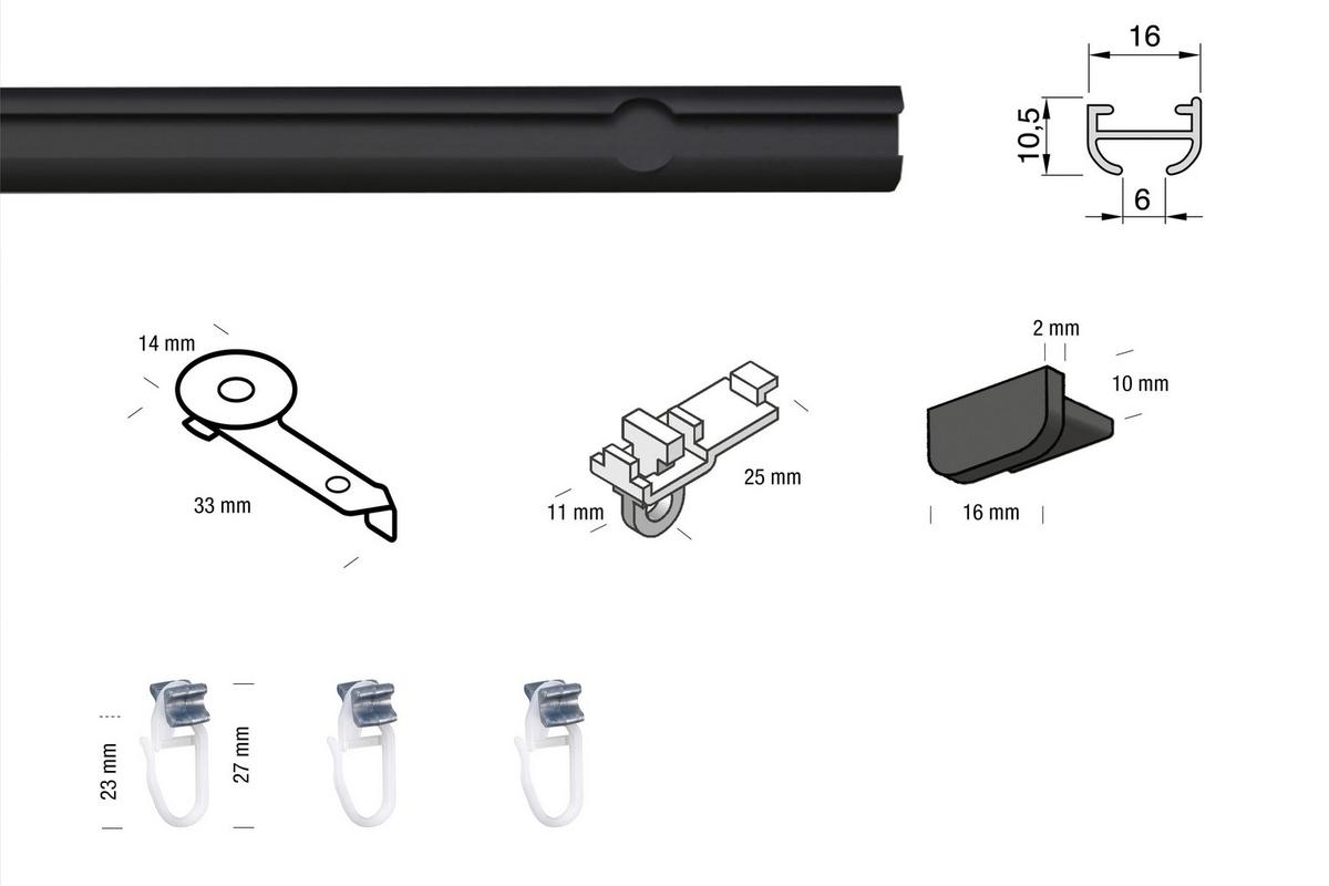 Vorhangschiene 200 cm - Schwarz, KONVENTIONELL, Metall (200cm) - Ondega