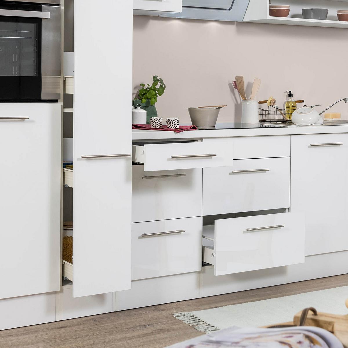 Küchenzeile mit Geräten 300 cm Weiß Hochglanz - Weiß, KONVENTIONELL, Holzwerkstoff (300cm) - Respekta
