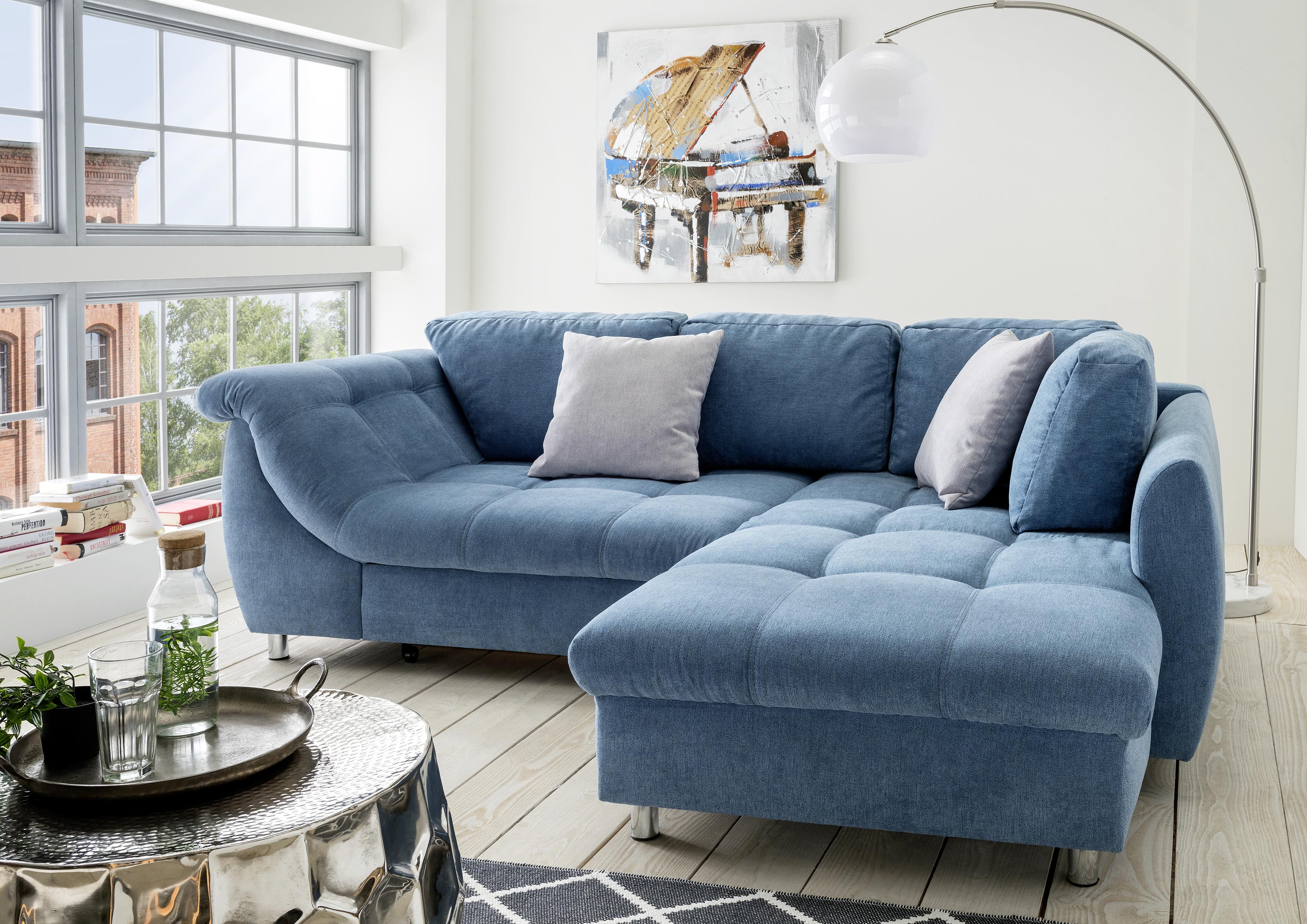 Ecksofa Mit Schlaffunktion + Zierkissen Agira, Mikrofaser - Chromfarben/Blau, Design (250/190cm) - Livetastic