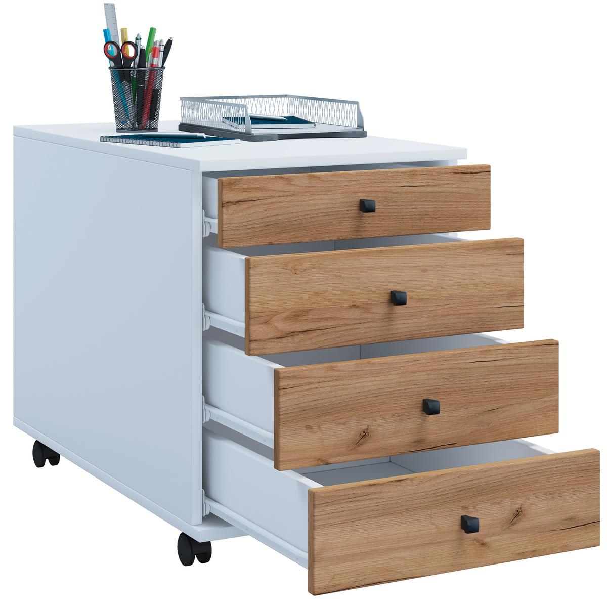Rollcontainer Lona Weiß Honigeiche Dekor - Honigeiche/Schwarz, Design, Holzwerkstoff/Kunststoff (42/57/75cm) - MID.YOU