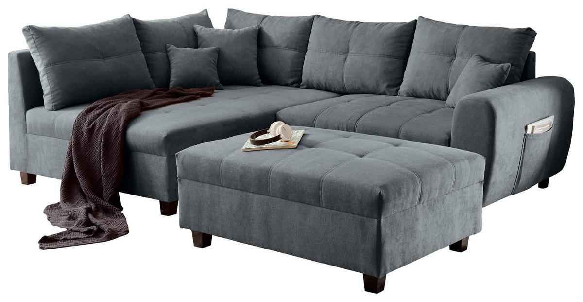 Ecksofa inkl. Kissen + Hocker Lea, Polyester-Nylon - Anthrazit/Schwarz, Basics, Holzwerkstoff/Textil (176/248cm) - MID.YOU
