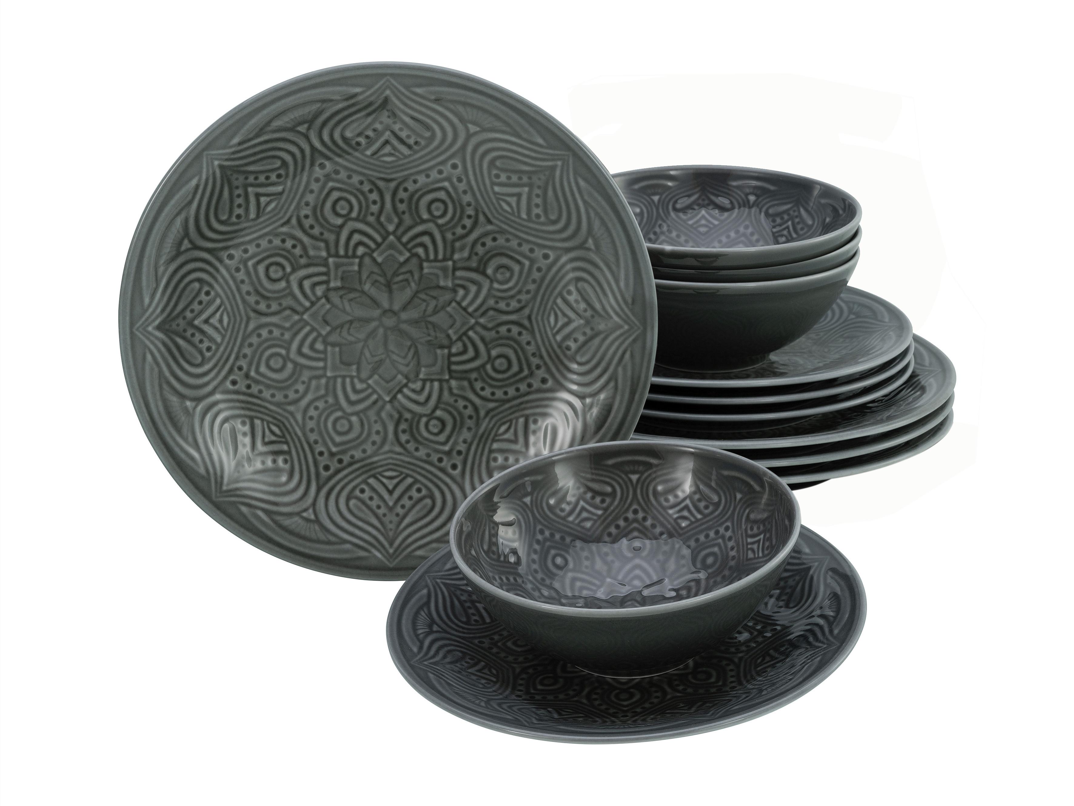 Jídlení souprava ORIENT MANDALA, 12-dílná - tmavě šedá, Trend, keramika - Creatable