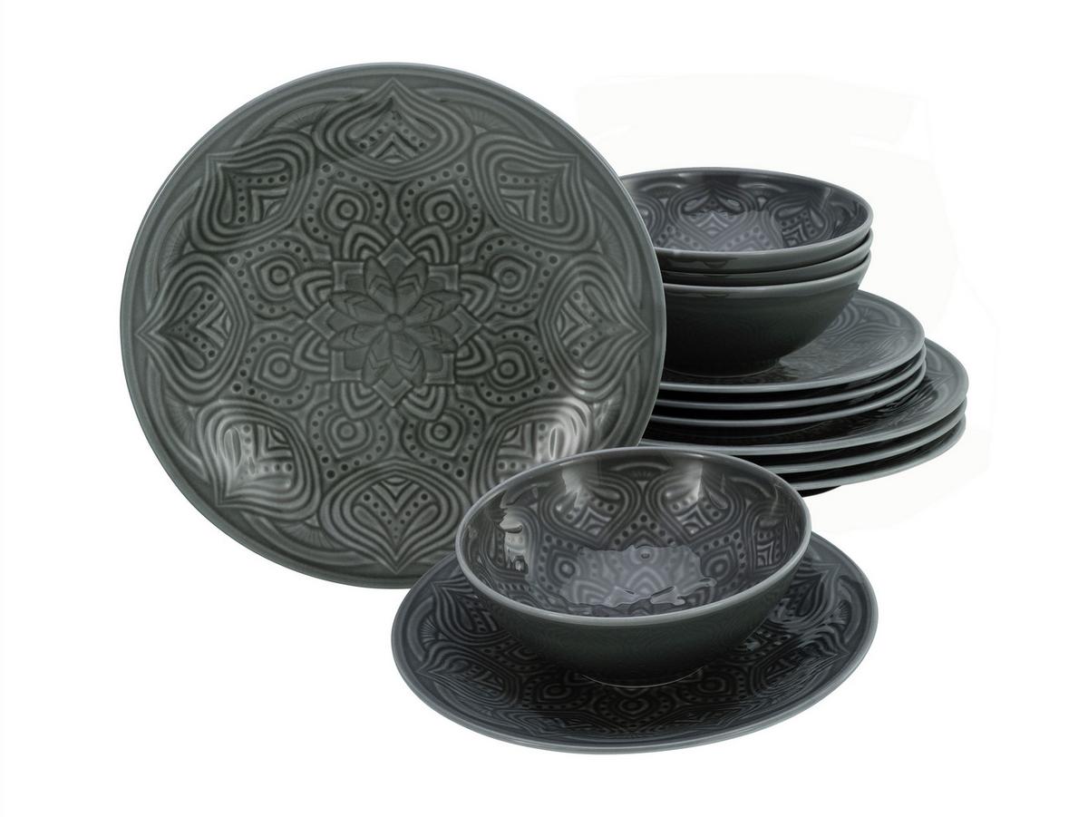 Jídlení souprava ORIENT MANDALA, 12-dílná - tmavě šedá, Trend, keramika - Creatable