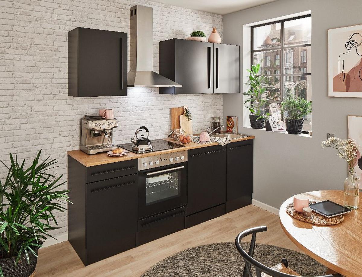 Kuchynský blok JACQUELINE bez spotrebičov, šírka 220 cm - čierna/farba duba, Lifestyle, kompozitné drevo/plast (220cm) - MID.YOU