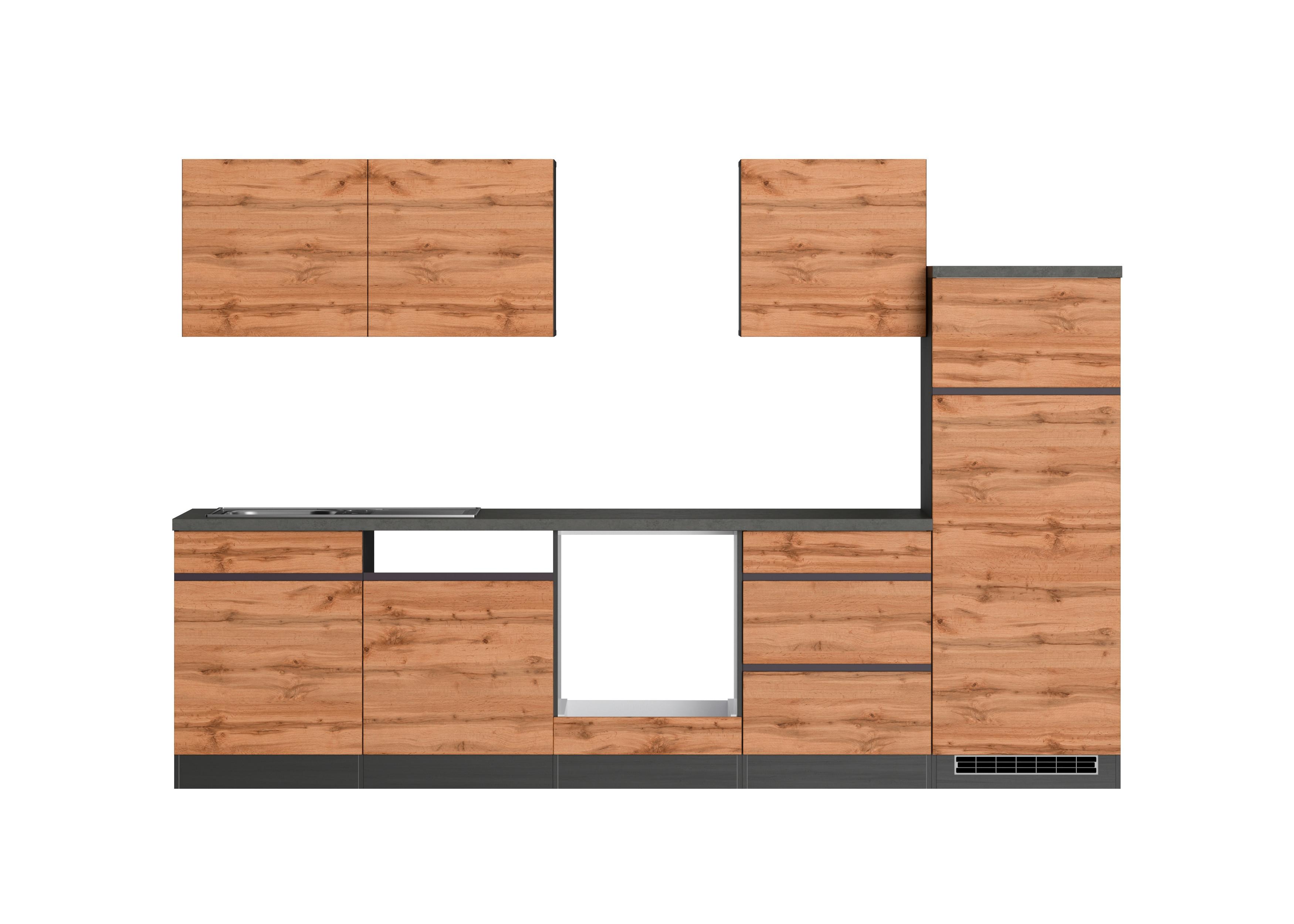 Küchenzeile Turin ohne Geräte B: 300 cm Graphit/Eiche Dekor - Eiche Wotan/Graphitfarben, Design, Holzwerkstoff (300cm) - Held
