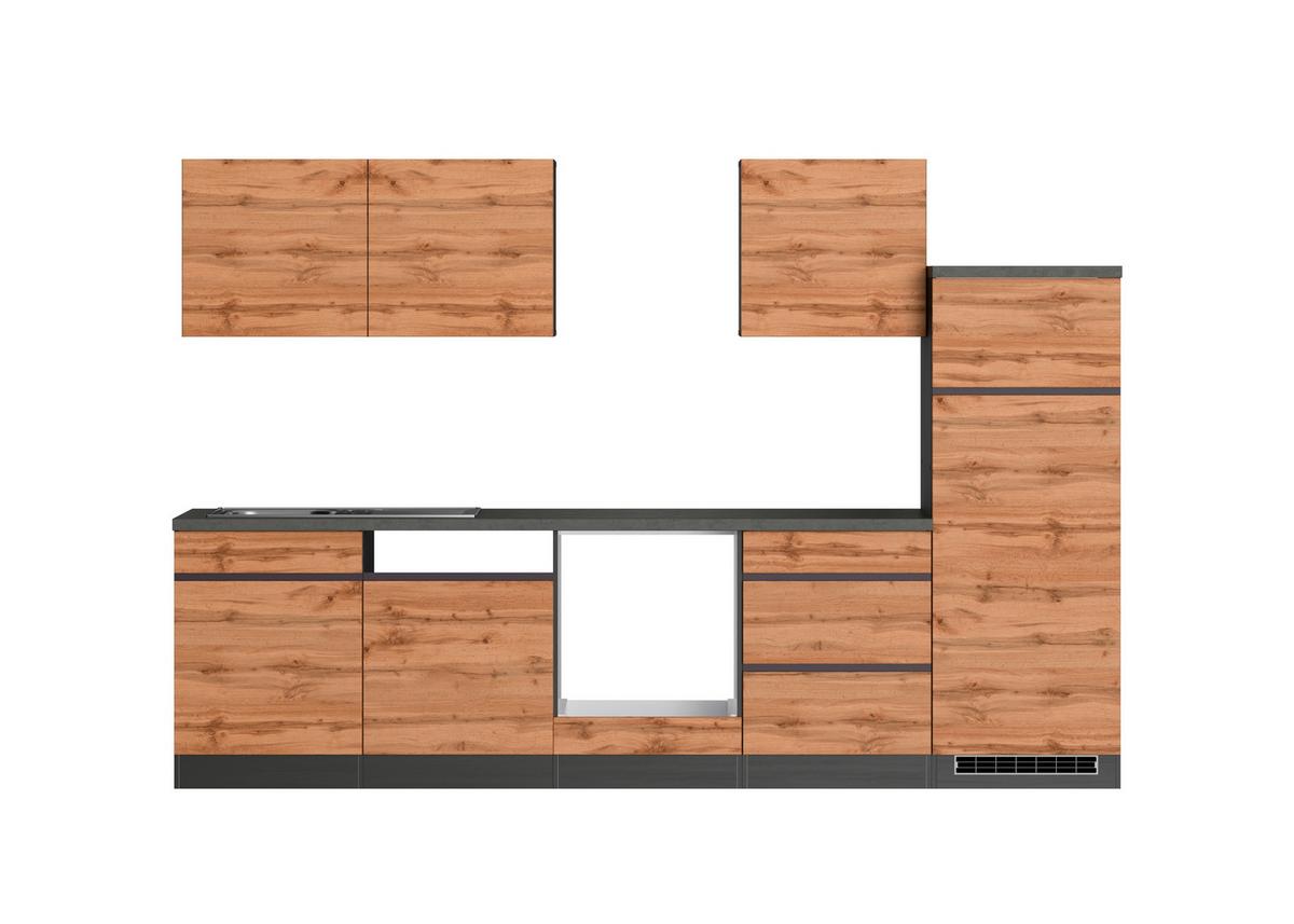 Küchenzeile Turin ohne Geräte B: 300 cm Graphit/Eiche Dekor - Eiche Wotan/Graphitfarben, Design, Holzwerkstoff (300cm) - Held