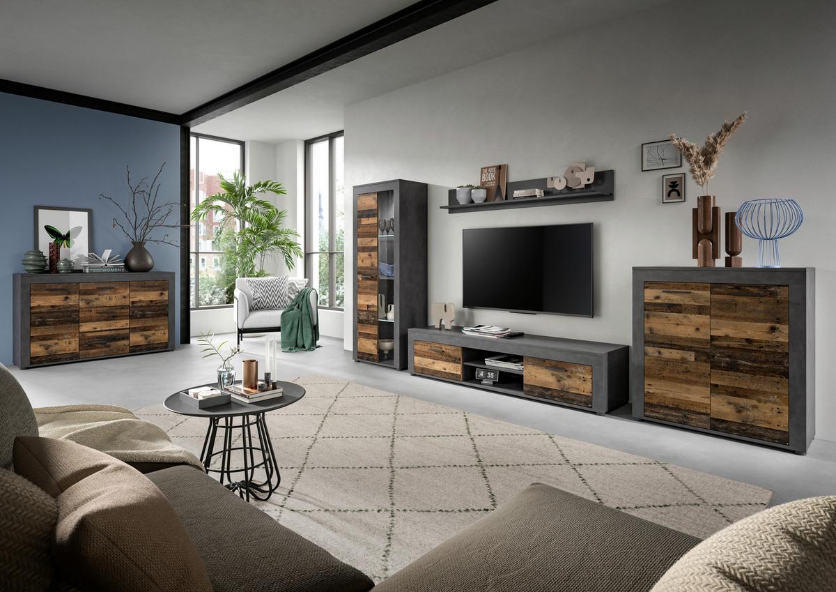 Wohnwand Jam Old Wood Dekor 4-teilig B: ca. 330 cm - Schwarz/Naturfarben, Design, Glas/Holzwerkstoff (330/159/35cm) - MID.YOU