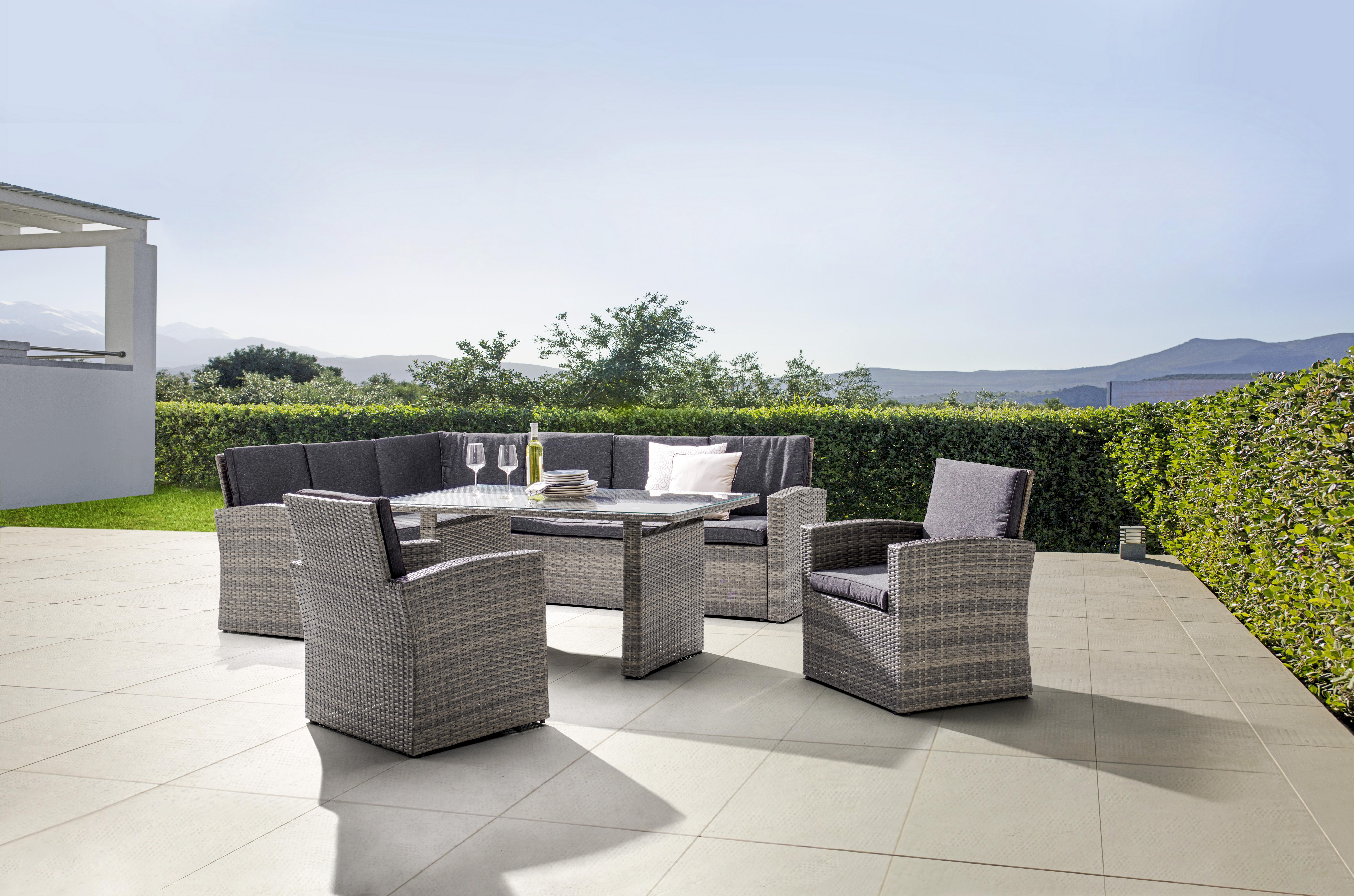 Loungegarnitur 4-Teilig Bilbao aus Polyrattan mit Kissen - Dunkelgrau/Grau, MODERN, Glas/Kunststoff (178/232cm) - Beldano