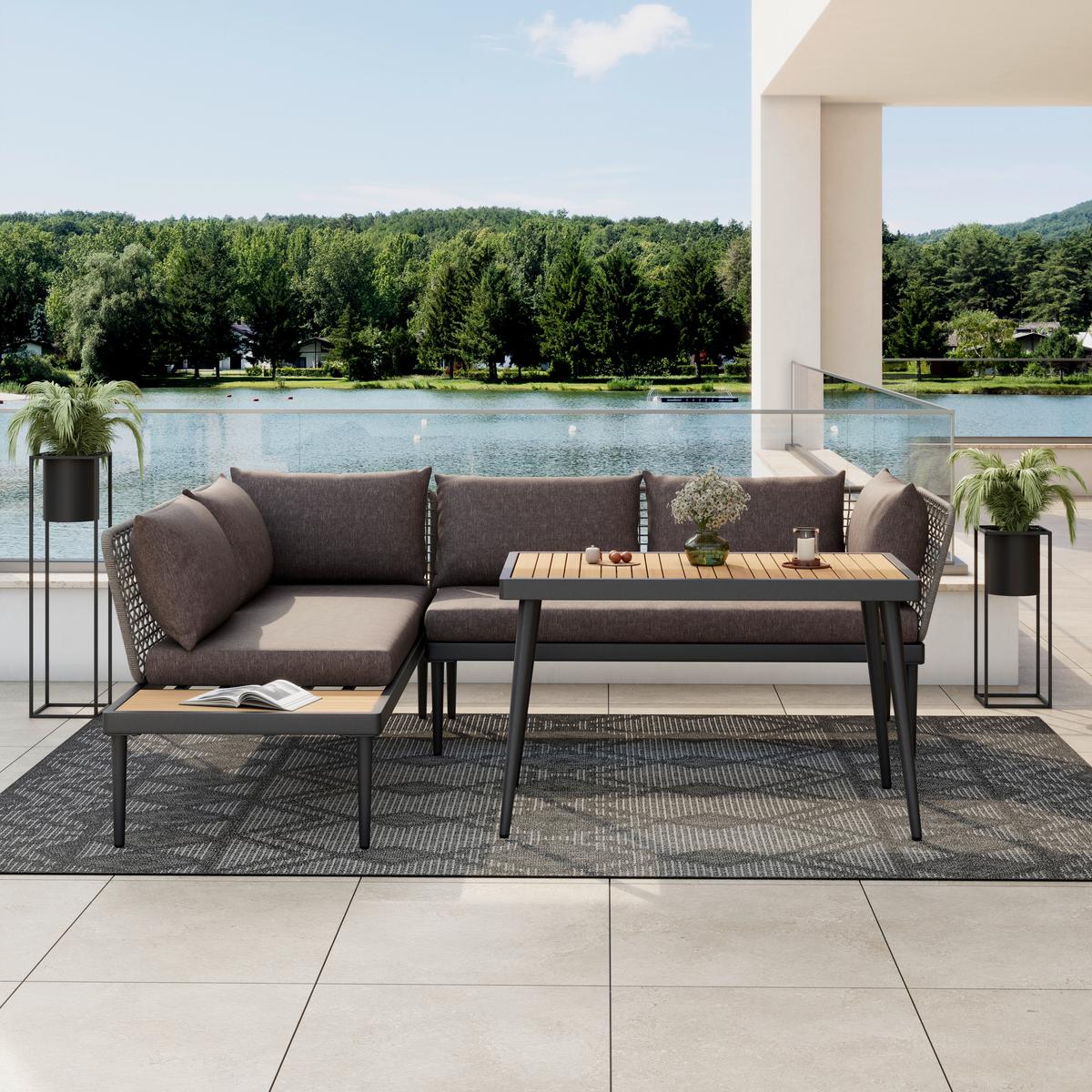 Loungegarnitur 3-Tlg Korsika Holz/Metall/Textil mit Kissen - Anthrazit/Grau, MODERN, Holz/Textil - Beldano