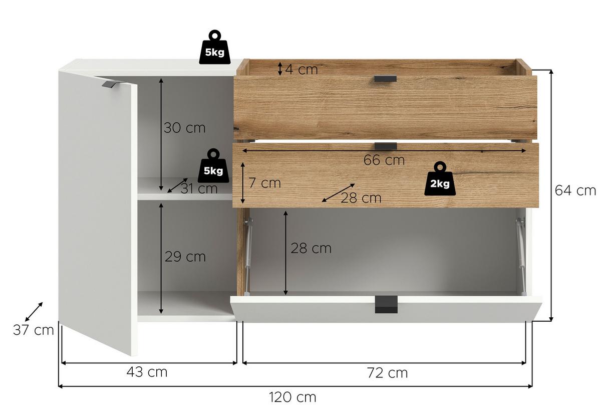 Kommode Naro Weiß/ Eiche dunkel Dekor B: 120cm - Eiche dunkel/Weiß, Design, Holzwerkstoff (120/64/37cm) - Livetastic