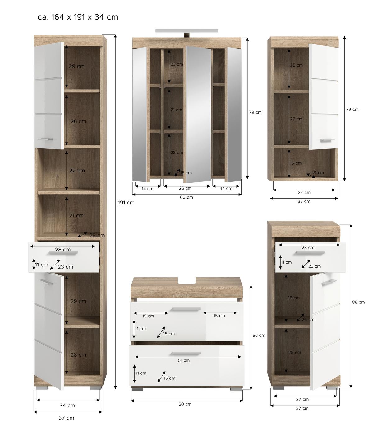 Badezimmer Lambada Eiche Dekor/weiß B: 134 Cm - Weiß Hochglanz/Silberfarben, MODERN, Glas/Holzwerkstoff (134cm) - MID.YOU