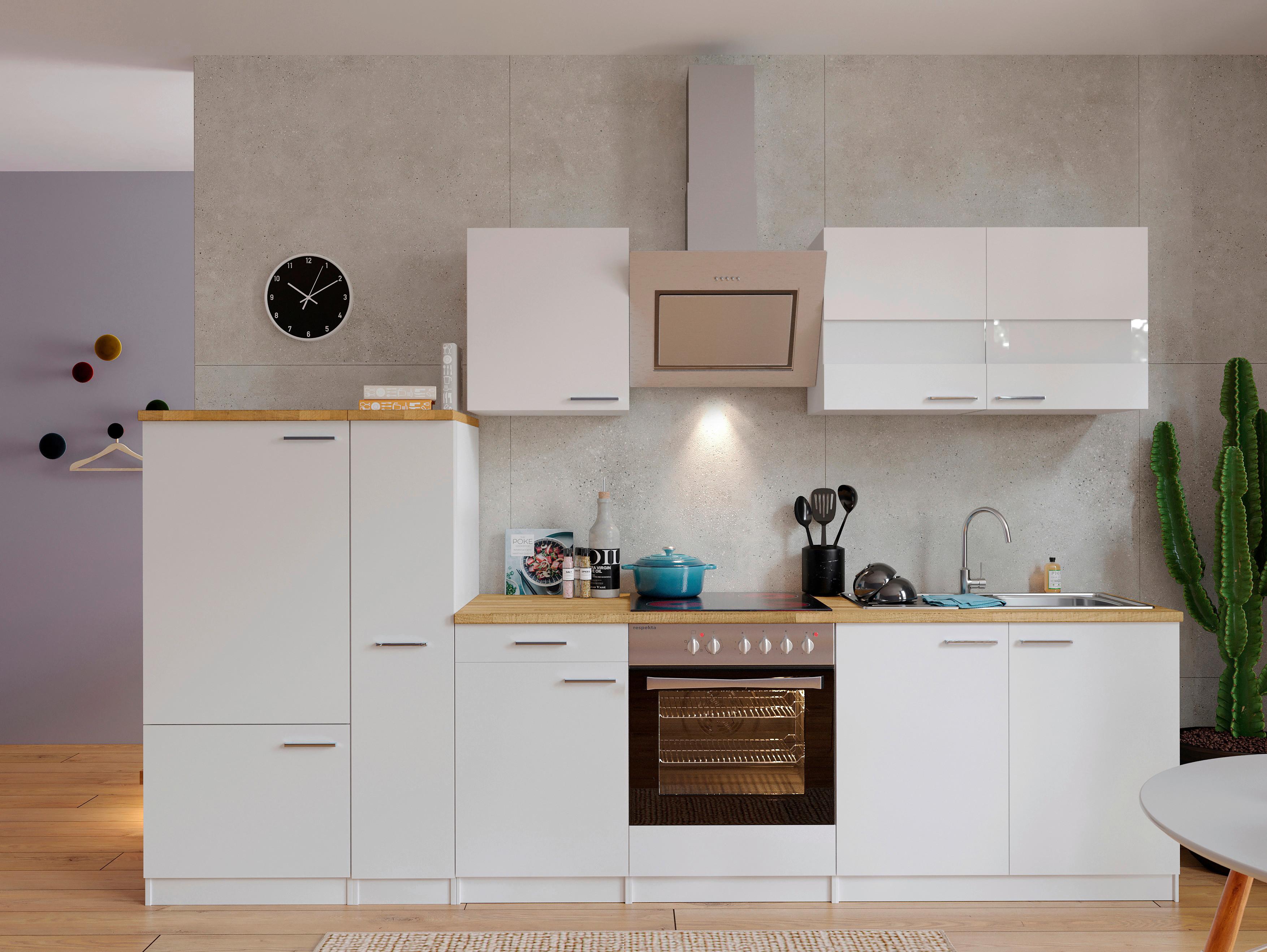 Küchenzeile Economy mit Geräten 300 cm Weiß/Nussbaum Dekor - Nussbaumfarben/Weiß, Basics, Holzwerkstoff (300cm) - Respekta