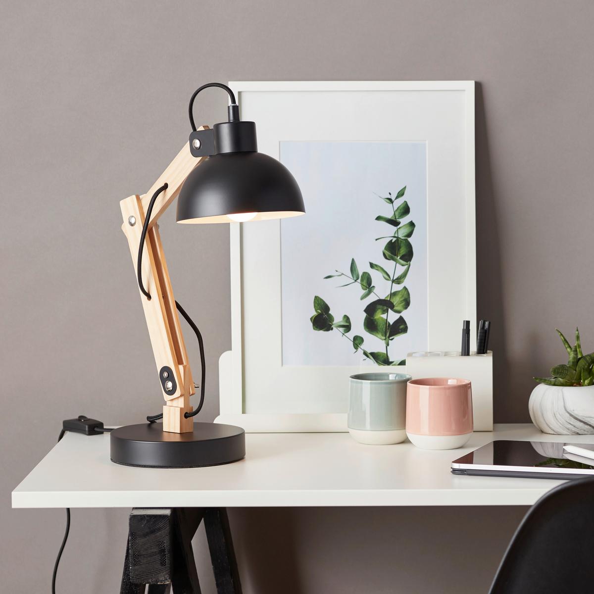 Schreibtischlampe Moda Schwarz mit Schnurschalter - Schwarz, Natur, Holz/Metall (41,5/16/32cm) - Brilliant