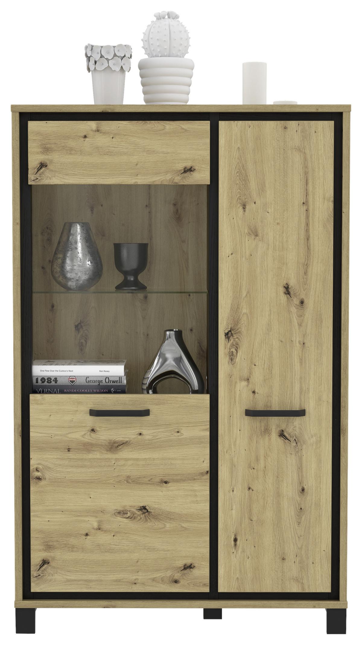 Highboard mit Glaselement 102 cm Trondheim, Eiche Dekor - Eichefarben/Schwarz, Basics, Glas/Holzwerkstoff (101.4/161/41.5cm) - Livetastic
