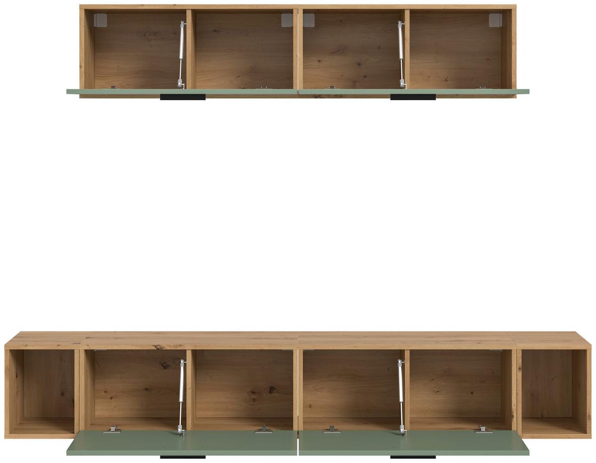 Wohnwand, The ONE 8, B: 150 cm Olivgrün/Artisan Eiche Dekor - Schwarz/Weiß, Trend, Holzwerkstoff (150/92/34cm)