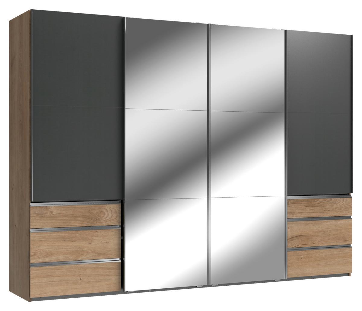 Schwebetürenschrank Level 36 A Graphit/Eiche/Spiegel,b:300cm - Eichefarben/Graphitfarben, MODERN, Glas/Holzwerkstoff (300/216/65cm) - MID.YOU