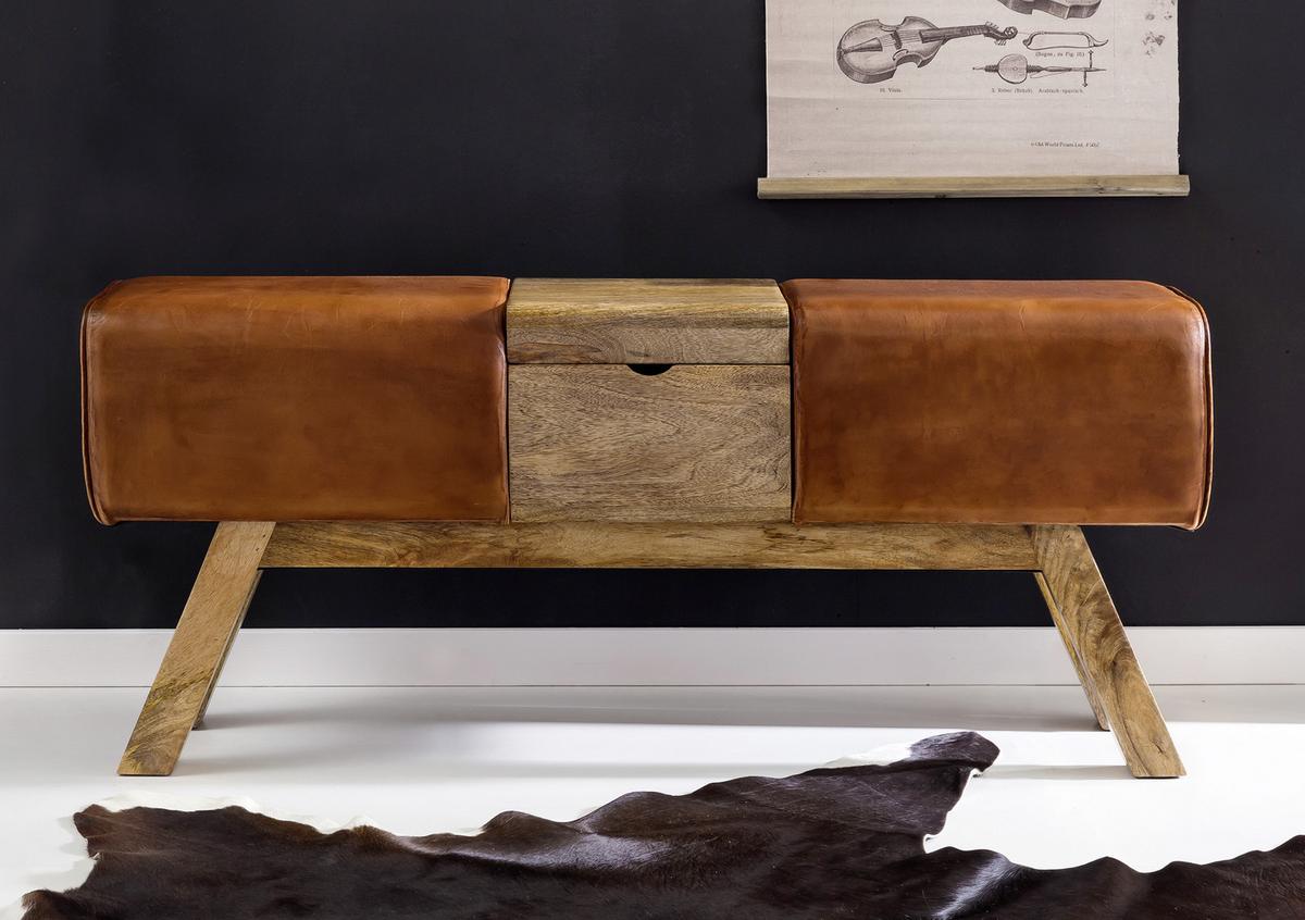 Garderobenbank B: 120 Cm Gepolstert Leder/mangoholz - Braun, Natur, Leder (120/53/29cm) - MID.YOU