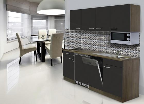 Praktische Küchenzeile mit grauen Fronten und Korpus in Eiche Dekor Praktische Küchenzeile mit grauen Fronten und Korpus in Eiche Dekor