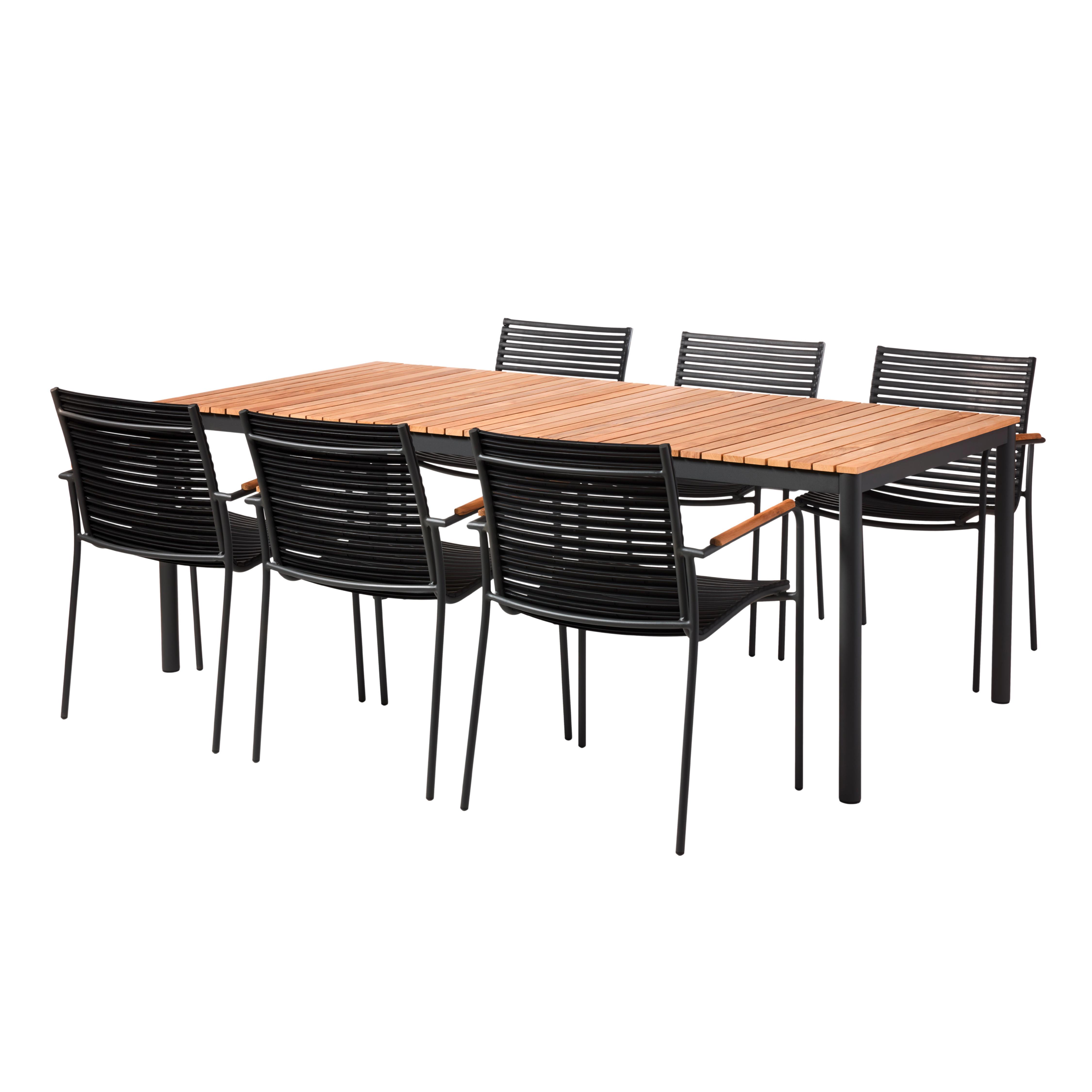 Gartentischgruppe Mood 7tlg Metall/Holz, Anthrazit/Teak - Anthrazit/Schwarz, Natur, Holz/Kunststoff (209/84/150cm) - Gardenson