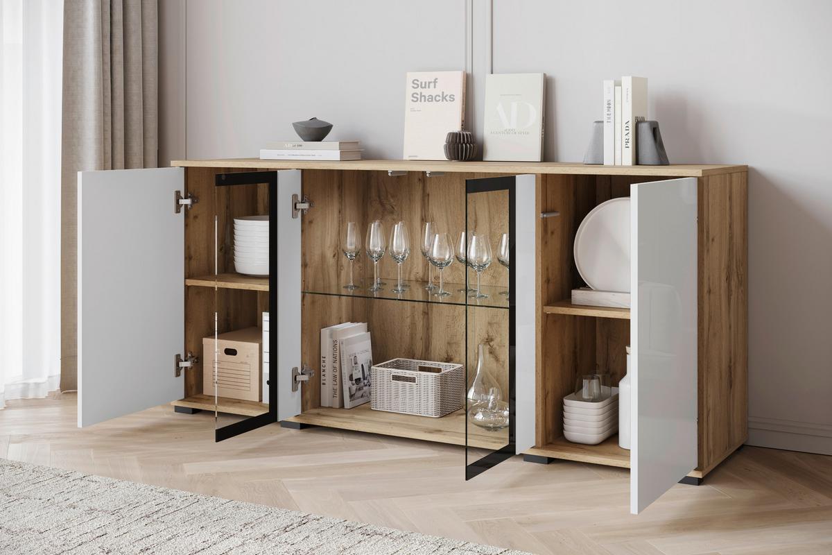 ŠIROKÁ KOMODA CARO 150 - čierna/biela s vysokým leskom, Design, kompozitné drevo/plast (150/69,7/39,5cm) - Livetastic