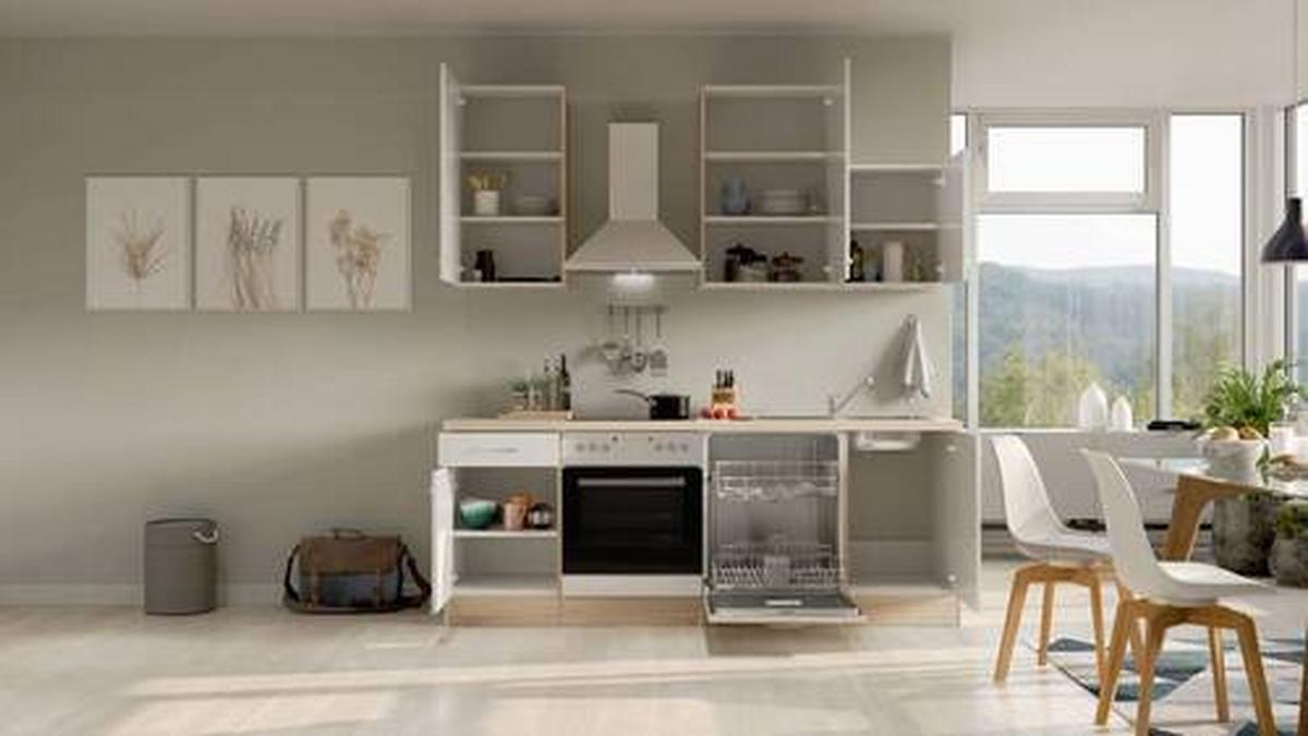 Küchenblock Valero Sonoma Eiche/Weiß B: 220 cm - Weiß Hochglanz/Sonoma Eiche, MODERN, Holzwerkstoff (220cm) - FlexWell