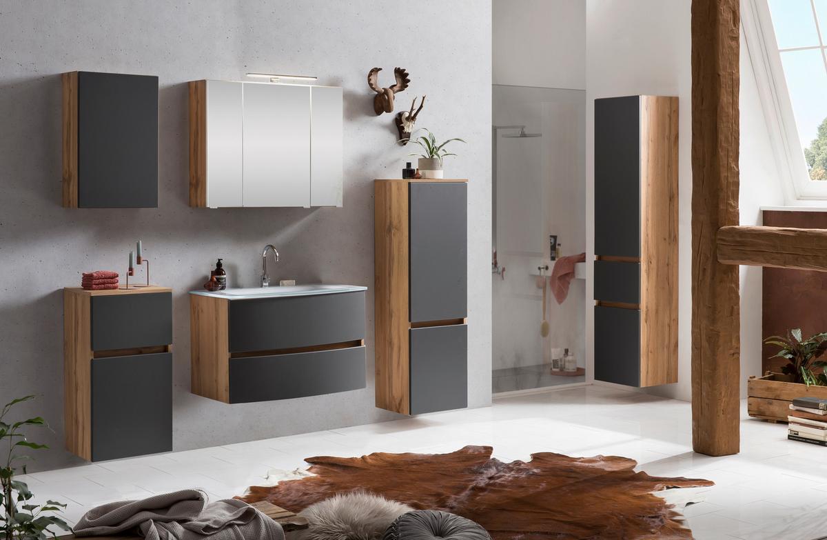 Waschbecken mit Unterschrank Kopenhagen B: 80 cm Weiß - Eichefarben/Anthrazit, KONVENTIONELL, Glas/Holzwerkstoff (80cm) - Held