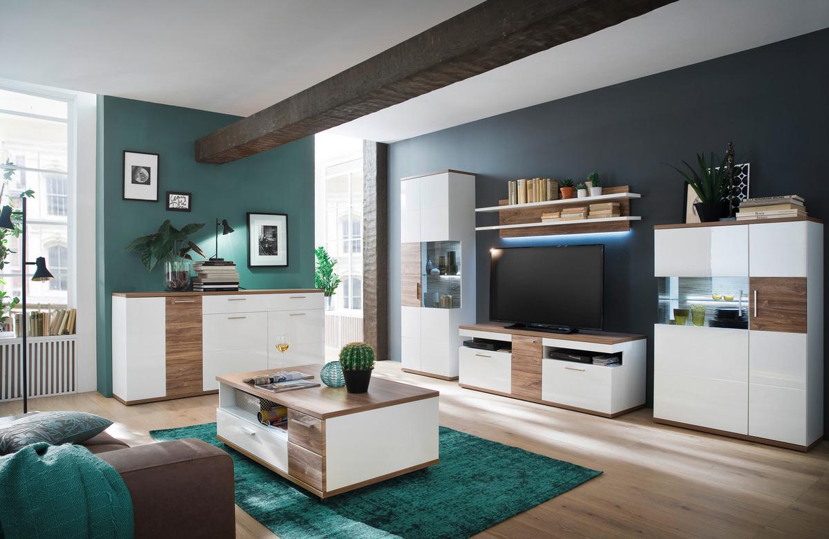 Wohnkombination 4-tlg. Luzern Weiß/eichefarben - Eichefarben/Weiß, Design, Glas/Holzwerkstoff (330/199/50cm) - Livetastic