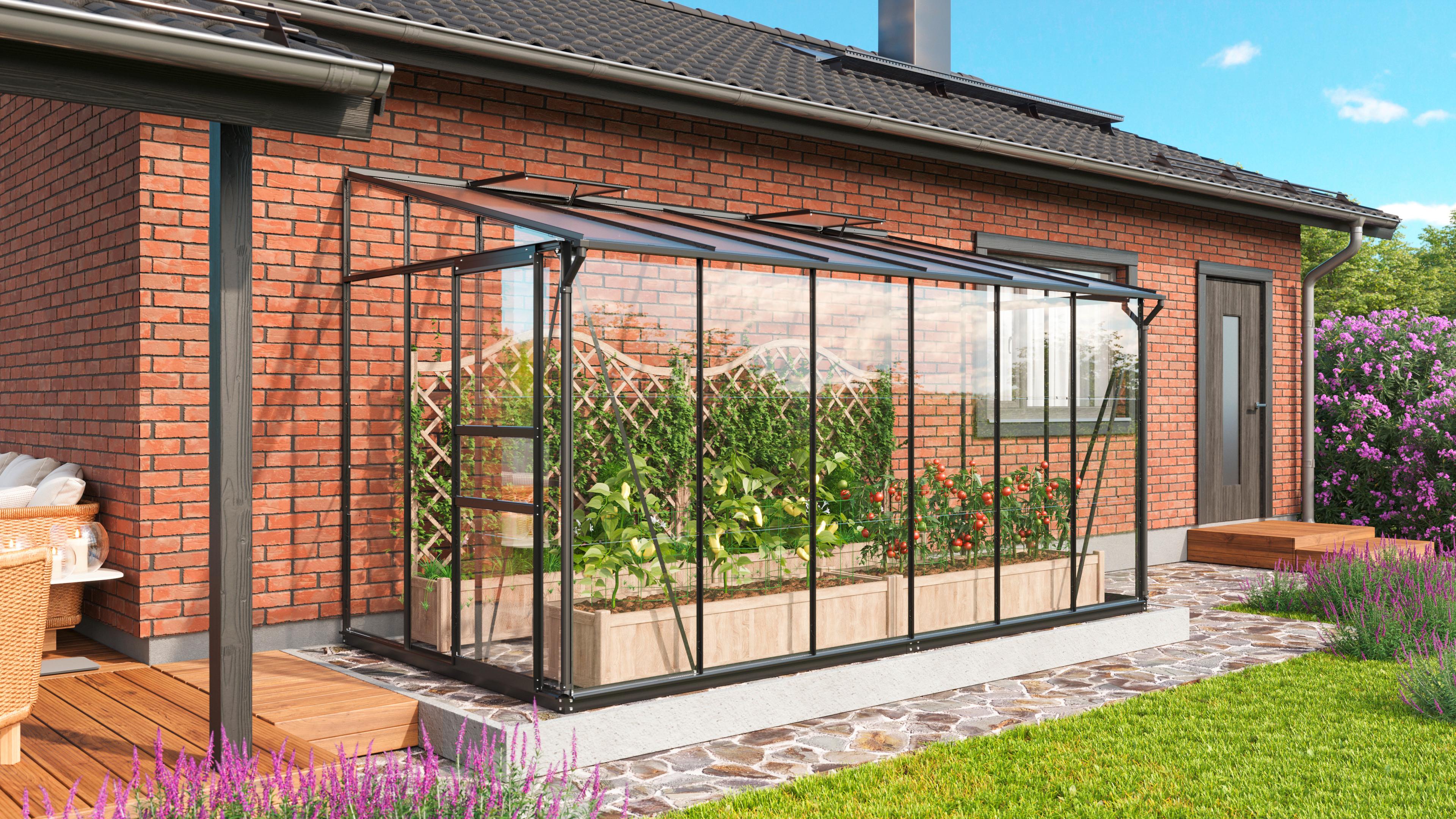 Rechteckiges Anlehn-Gewächshaus mit Pultdach und Türen