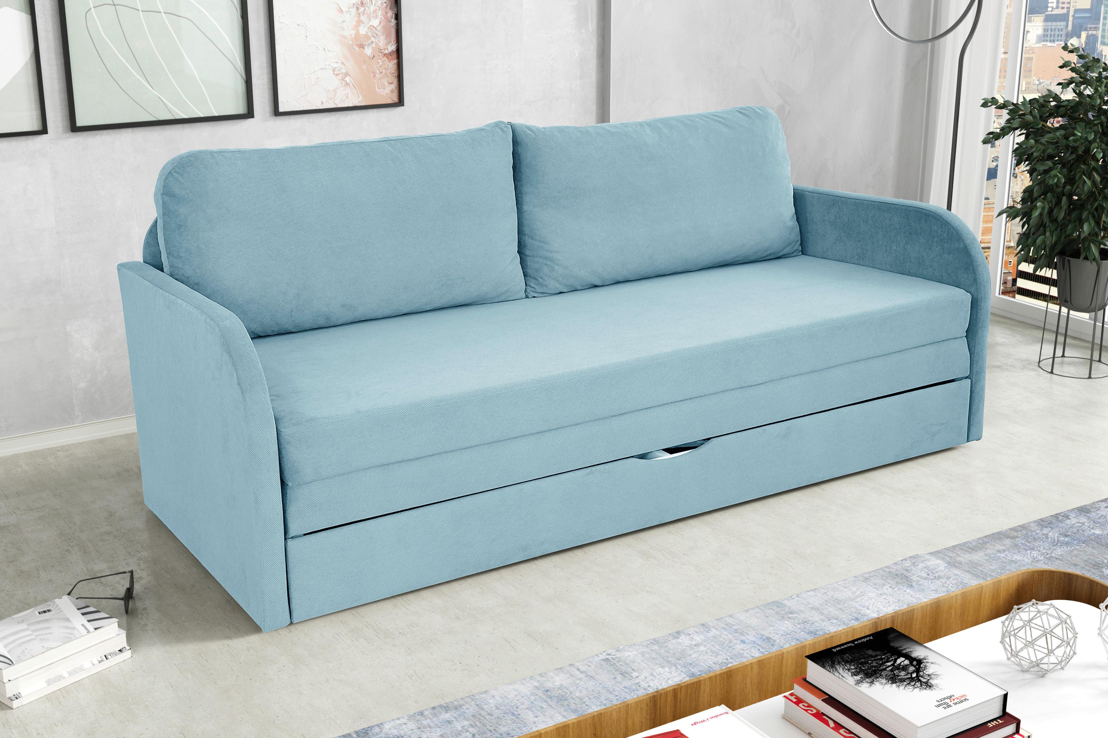 Schlafsofa Mit Bettkasten Milan Hellblau B: 203 Cm - Schwarz/Hellblau, Design, Textil (203/77/86cm) - MID.YOU