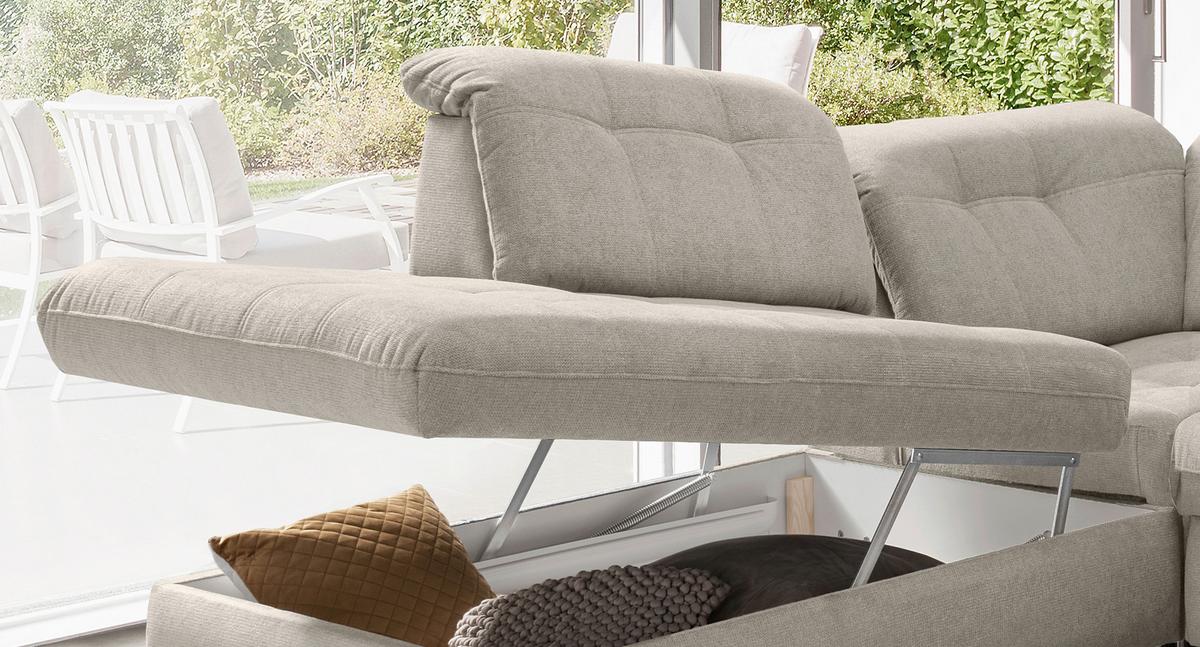 Wohnlandschaft Mit Bettkasten Rigatti Beige B: 387 Cm - Beige/Schwarz, MODERN, Textil (252/387/184cm) - Livetastic