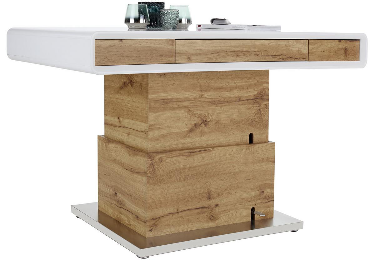 Couchtisch Mit Lade Kopenhagen, Eiche Dekor/weiß - Edelstahlfarben/Eichefarben, MODERN, Holzwerkstoff/Metall (130/49-78/70cm)