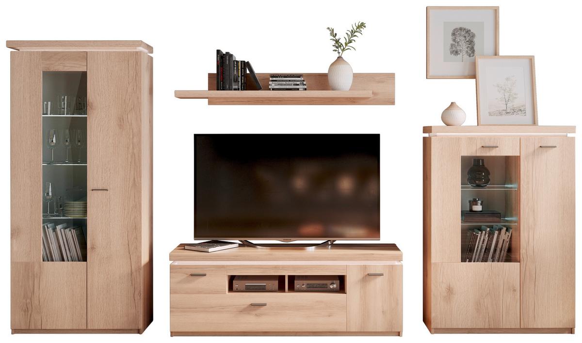 Wohnkombination Modern 4 -Teilig. mit Led Vanvouver, Eiche Dekor - Eichefarben, MODERN, Glas/Holzwerkstoff (342/198/44cm)