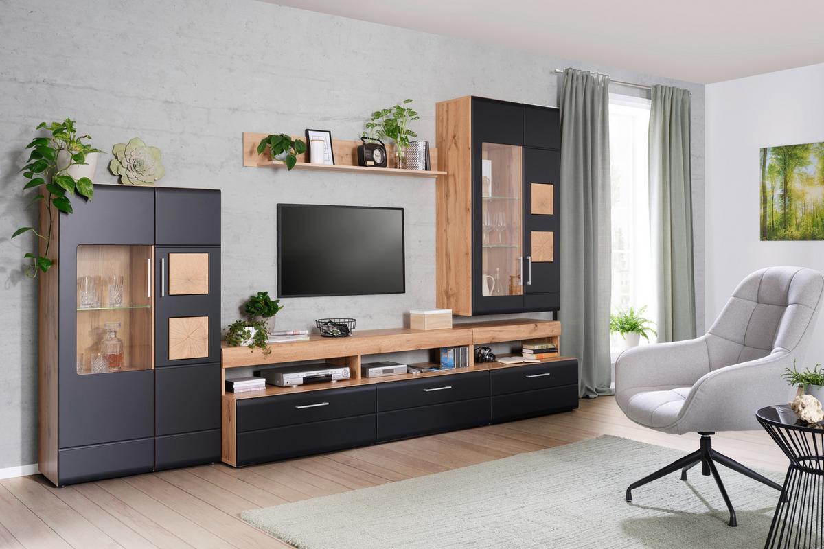 OBÝVACÍ STĚNA SONATE - černá/barvy dubu, Konvenční, kov/kompozitní dřevo (330/208/52cm) - Mömax