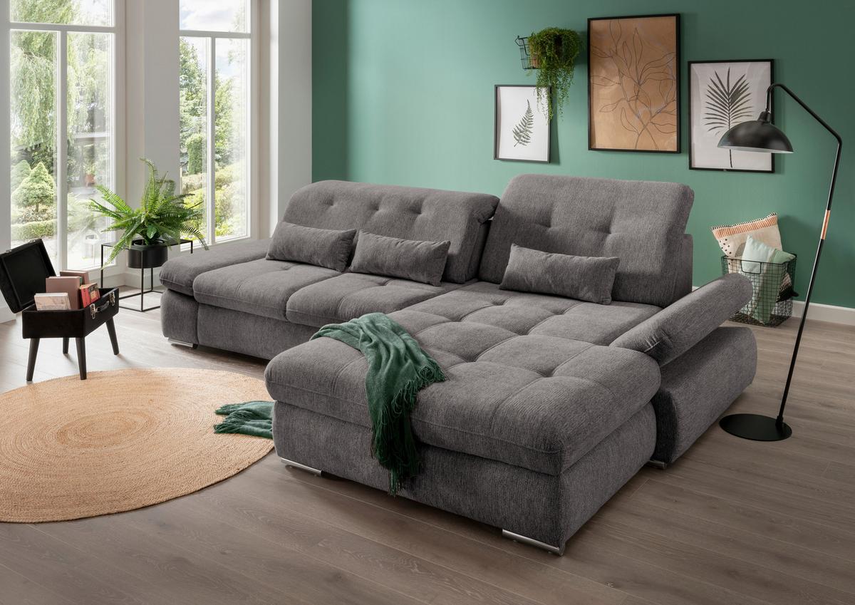 Ecksofa mit Schlaffunktion Dalida Graubraun Chenille - Chromfarben/Graubraun, Design, Textil (300/196cm) - Livetastic