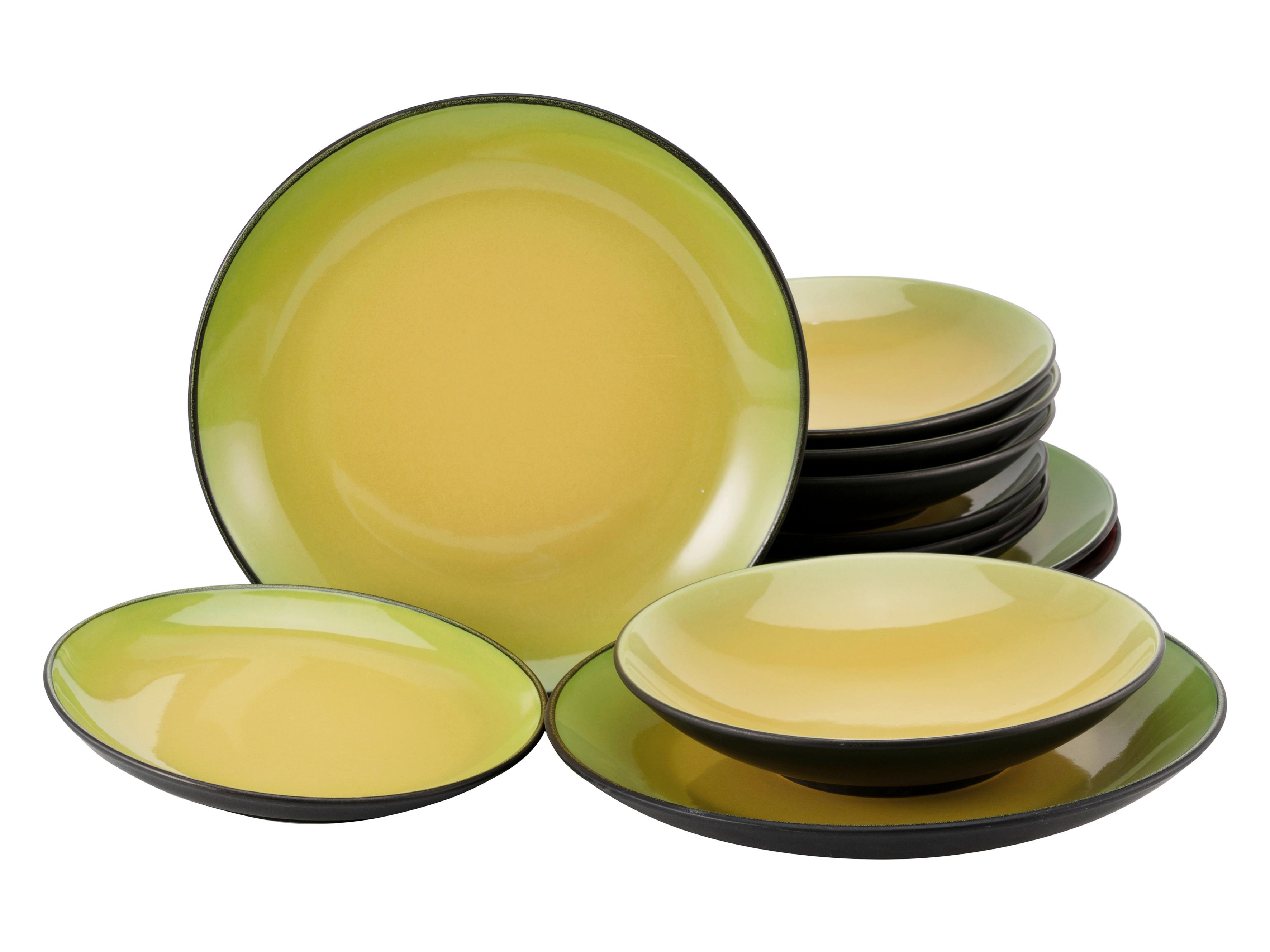 Tafelservice Hot Green, Keramik, 12-Tlg. - Hellgelb/Schwarz, Basics, Keramik - Creatable