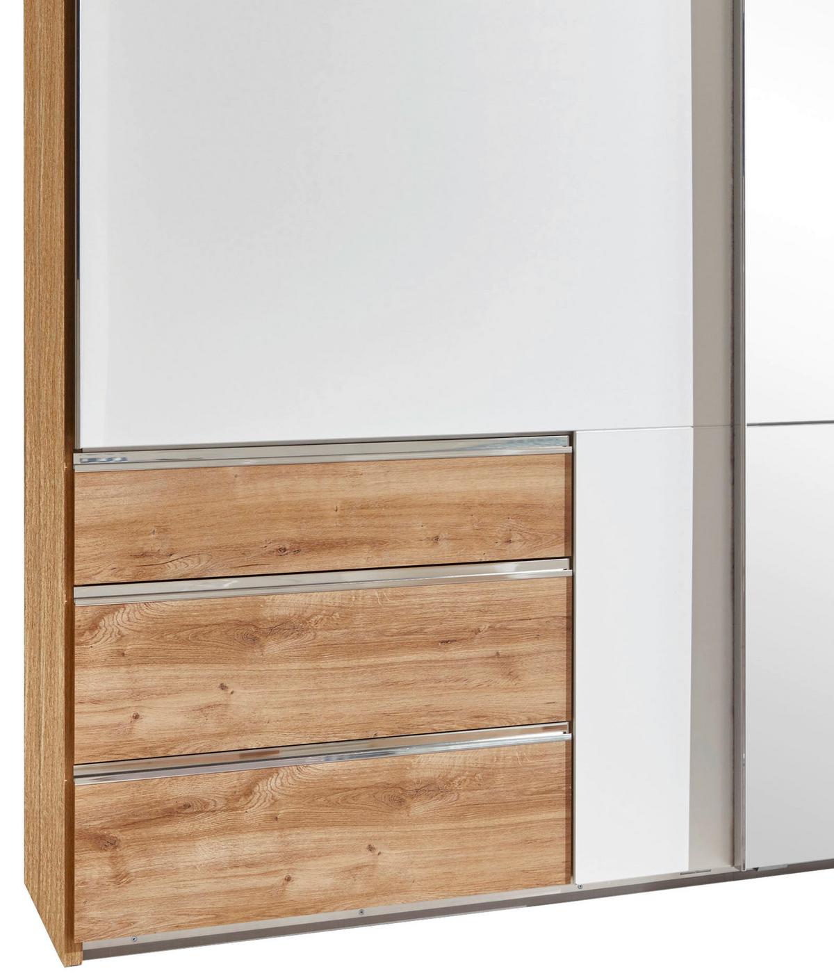 Schwebetürenschrank M. Spiegel + Laden 300cm Level 36a, Weiß - Eichefarben/Silberfarben, MODERN, Glas/Holzwerkstoff (300/216/65cm) - MID.YOU