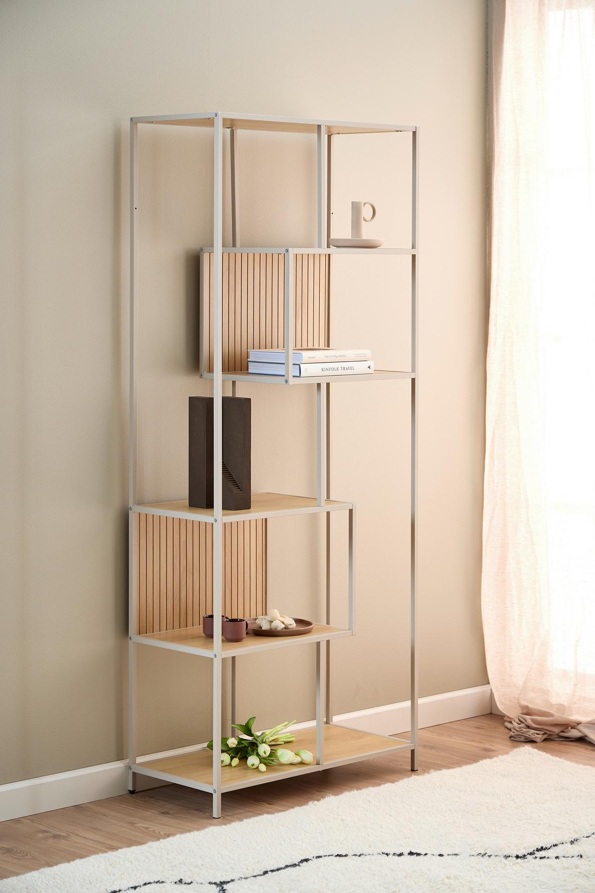 REGÁL SEAFORD - šedá/barvy dubu, Moderní, kov/kompozitní dřevo (77/185/35cm) - Xora