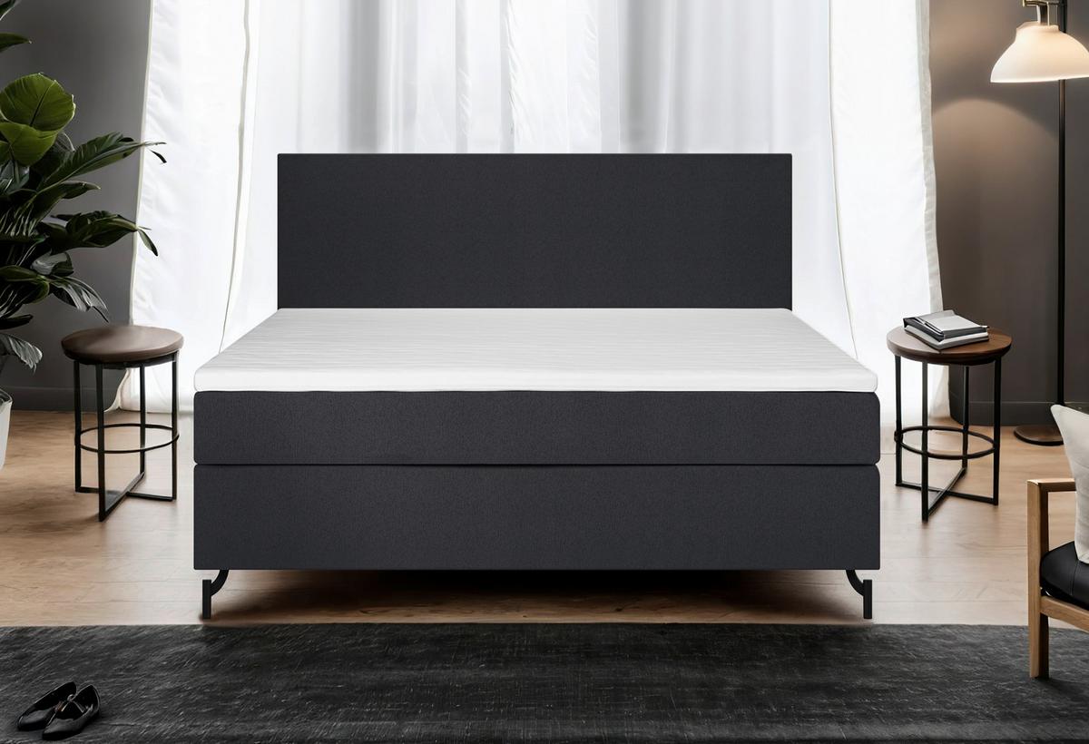Boxspringbett mit Topper 160x200 cm  Linz, Schwarz - Schwarz, MODERN, Textil (160/200cm) - MID.YOU