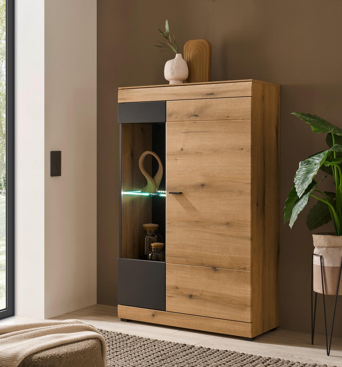 Vitrine Soleto Graphit-/Eichefarben B: 90cm - Eichefarben/Schwarz, Design, Glas/Holzwerkstoff (90/141/35cm) - MID.YOU