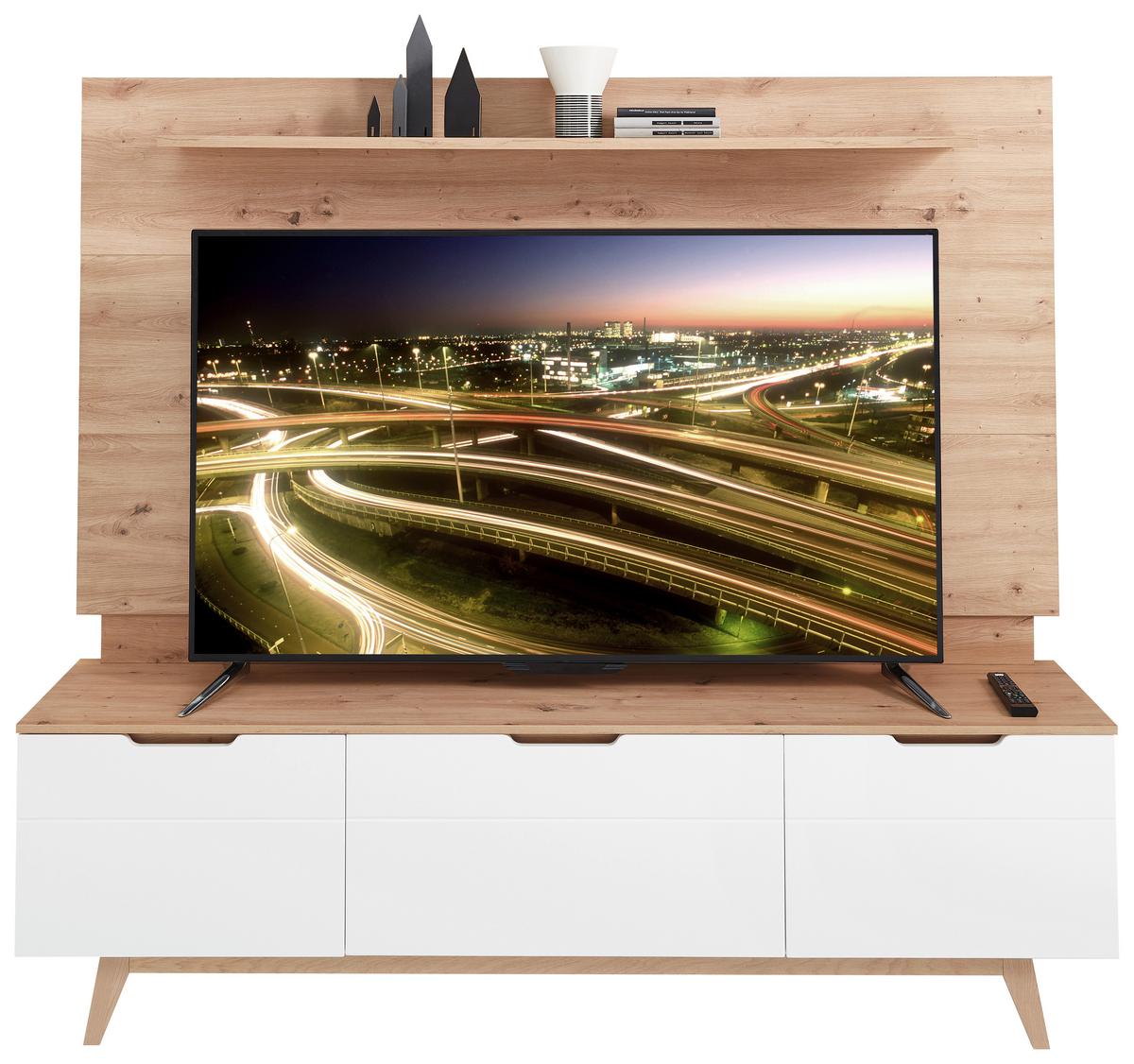 Wohnwand Media-L Weiß/Eiche Dekor - Eichefarben/Eiche Artisan, Design, Holzwerkstoff (200/180/42cm) - Livetastic