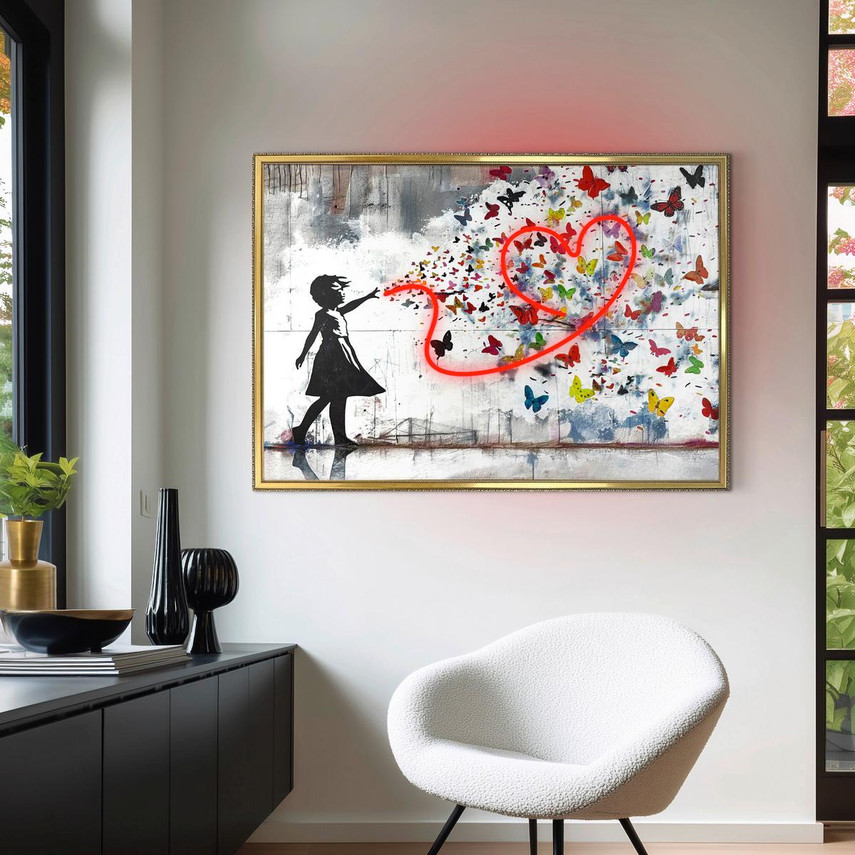 LED-Bild Neon Gold Girl Heart - Multicolor/Schwarz, Basics, Holzwerkstoff/Kunststoff (70/100/3,5cm)