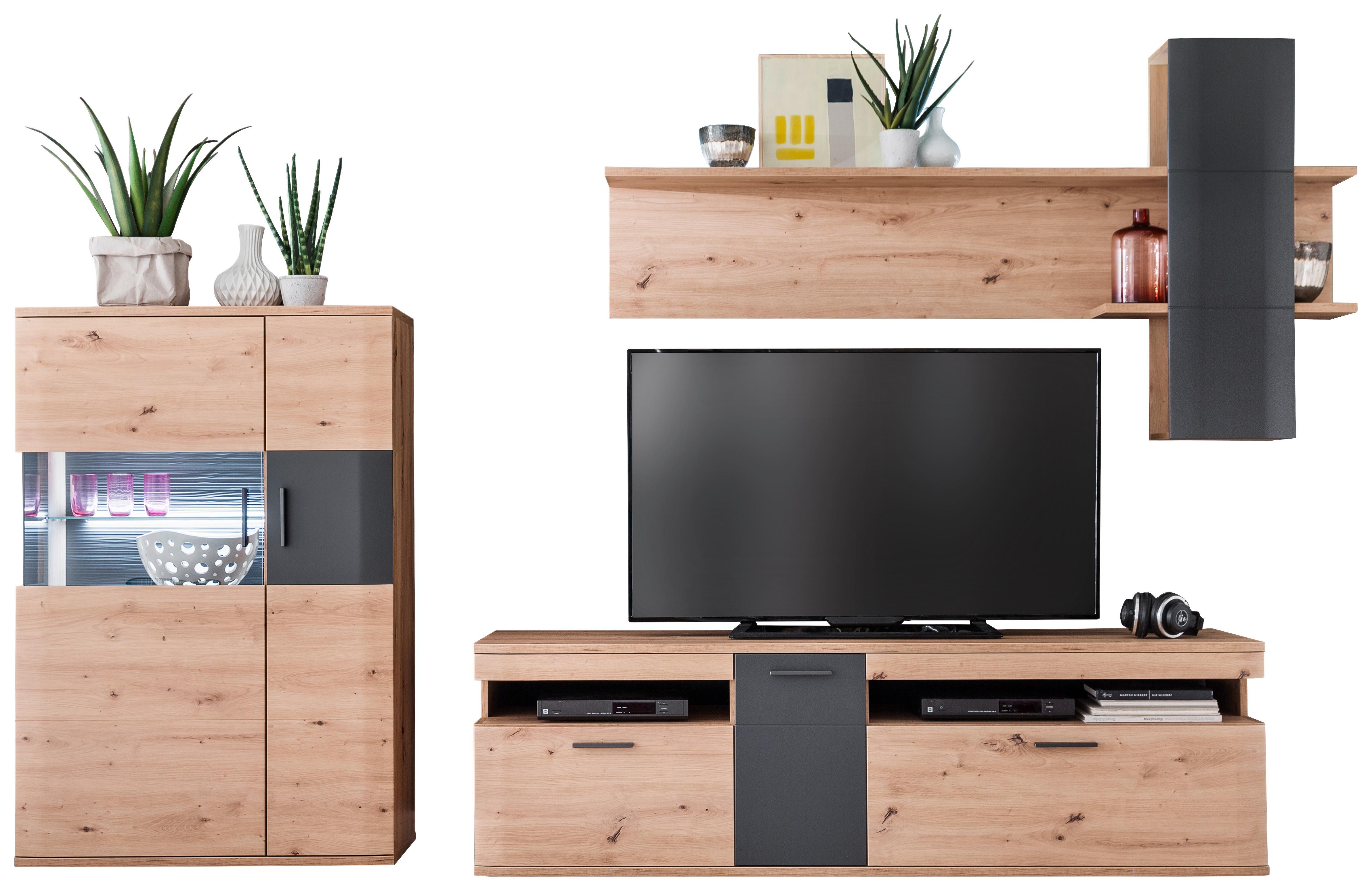 Wohnkombination 3-Tlg. Cortona Anthrazit/Eichefarben - Klar/Eichefarben, Design, Glas/Holzwerkstoff (310/198/50cm) - Livetastic